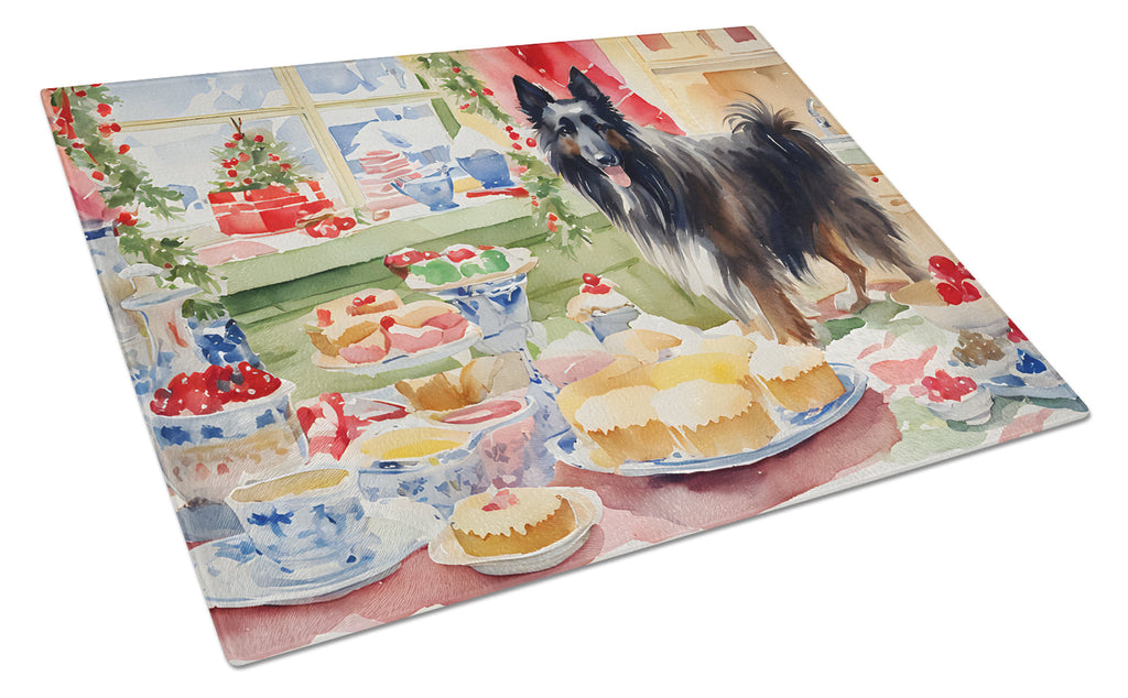 Belgian Sheepdog Christmas Cookies Cutting Board Tempered Glass Kitchen Cutting Surface, Heat Resistant Chopping, Non-Slip Feet, Food Prep & Serving