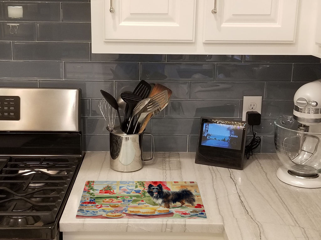 Belgian Sheepdog Christmas Cookies Cutting Board Tempered Glass Kitchen Cutting Surface, Heat Resistant Chopping, Non-Slip Feet, Food Prep & Serving