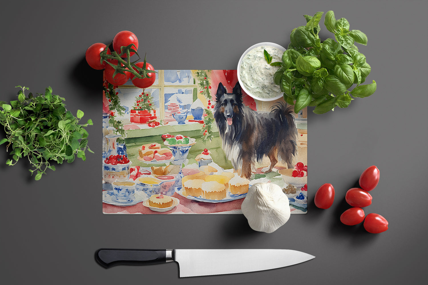 Belgian Sheepdog Christmas Cookies Cutting Board Tempered Glass Kitchen Cutting Surface, Heat Resistant Chopping, Non-Slip Feet, Food Prep & Serving