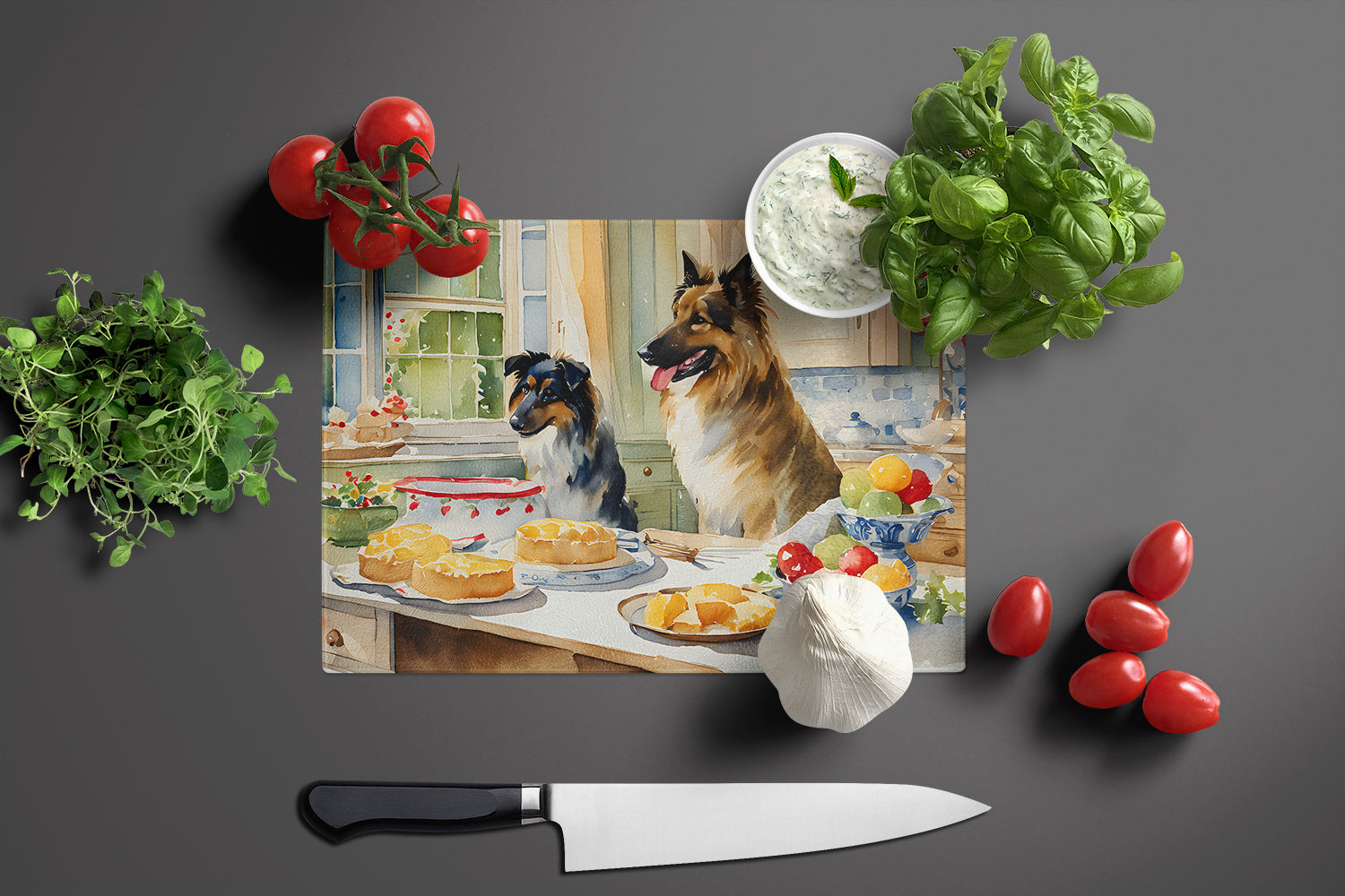 Belgian Tervuren Christmas Cookies Cutting Board Tempered Glass Kitchen Cutting Surface, Heat Resistant Chopping, Non-Slip Feet, Food Prep & Serving