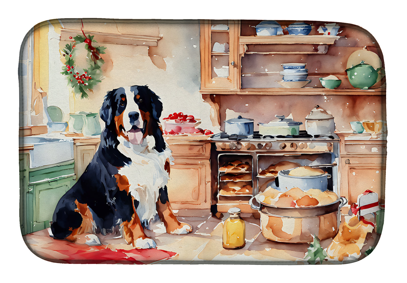 Bernese Mountain Dog Christmas Cookies Dish Drying Mat Absorbent Dish Drying Mat Pad for Kitchen Counter Dish Drainer Mat for Countertop, 14 x 21", Multicolor