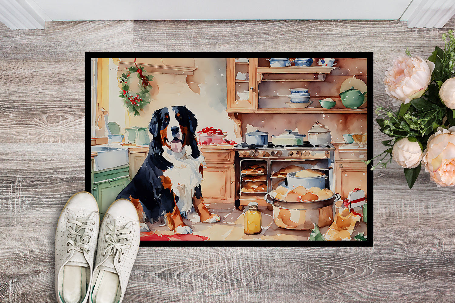Bernese Mountain Dog Christmas Cookies Doormat Indoor Outdoor 24H X 36W Front Door Mat Rugs for Entryway, Non Slip Washable Low Pile,