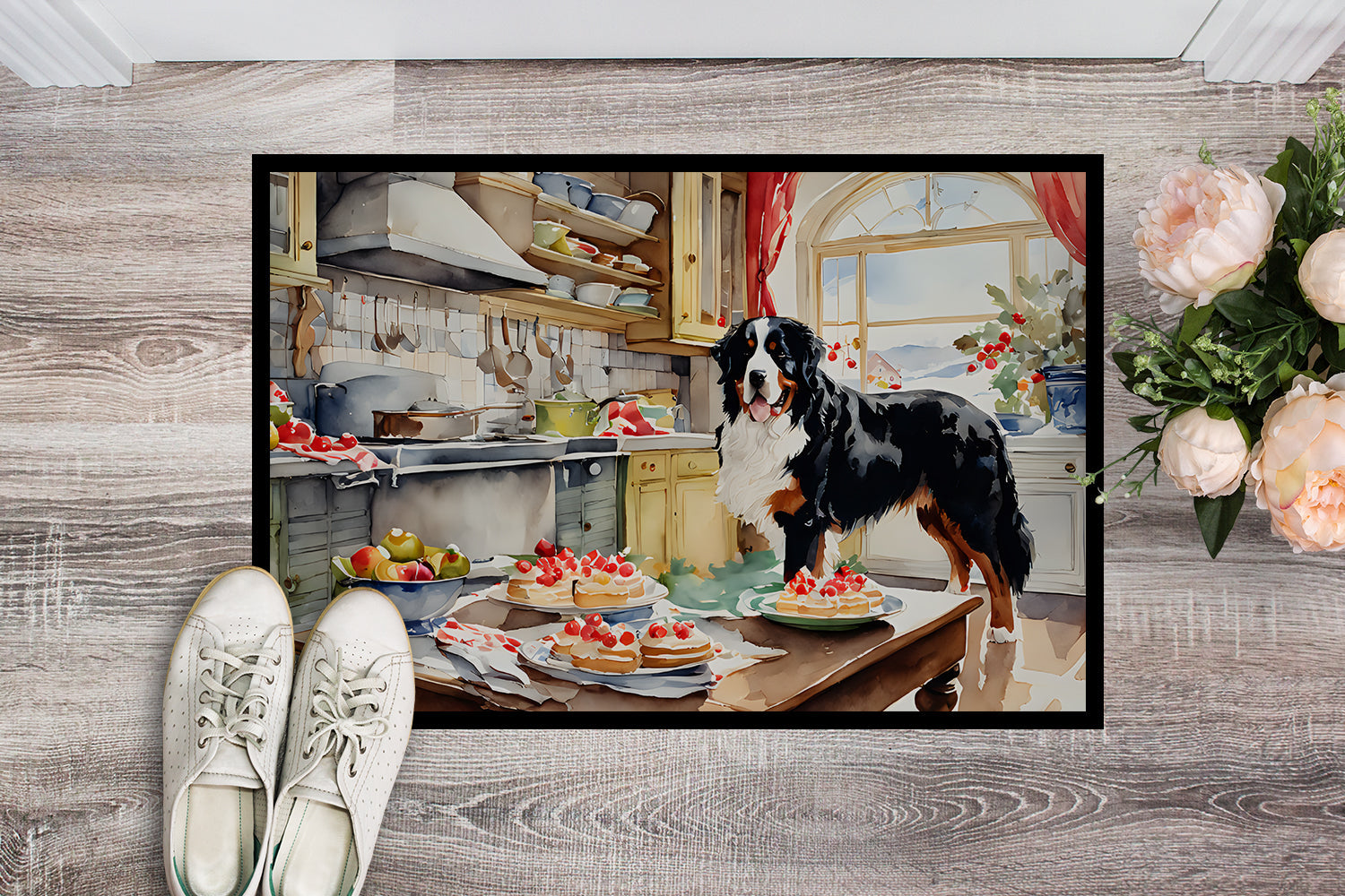 Bernese Mountain Dog Christmas Cookies Doormat Indoor Outdoor 18H X 27W Front Door Mat Rugs for Entryway, Non Slip Washable