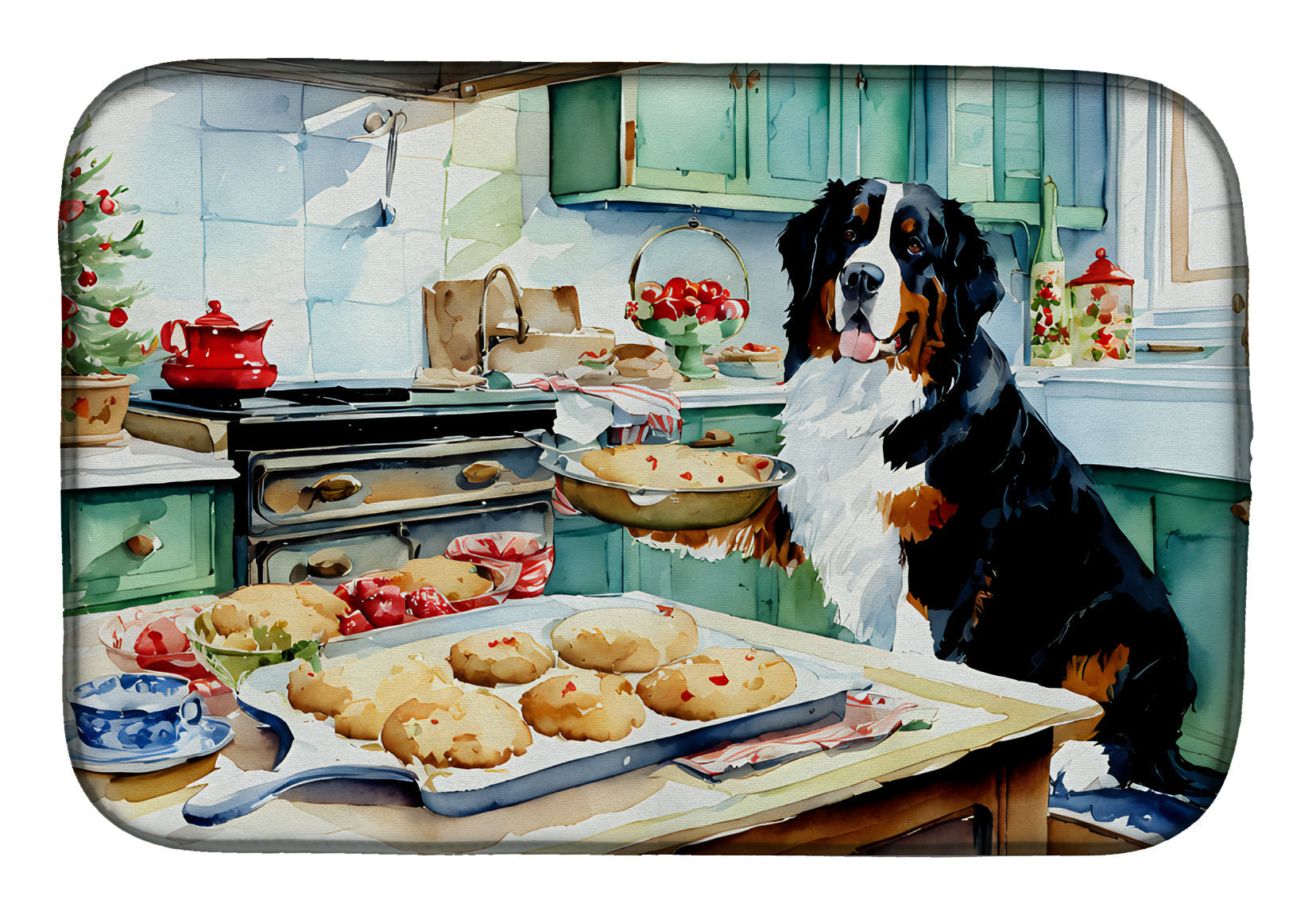 Bernese Mountain Dog Christmas Cookies Dish Drying Mat Absorbent Dish Drying Mat Pad for Kitchen Counter Dish Drainer Mat for Countertop, 14 x 21", Multicolor