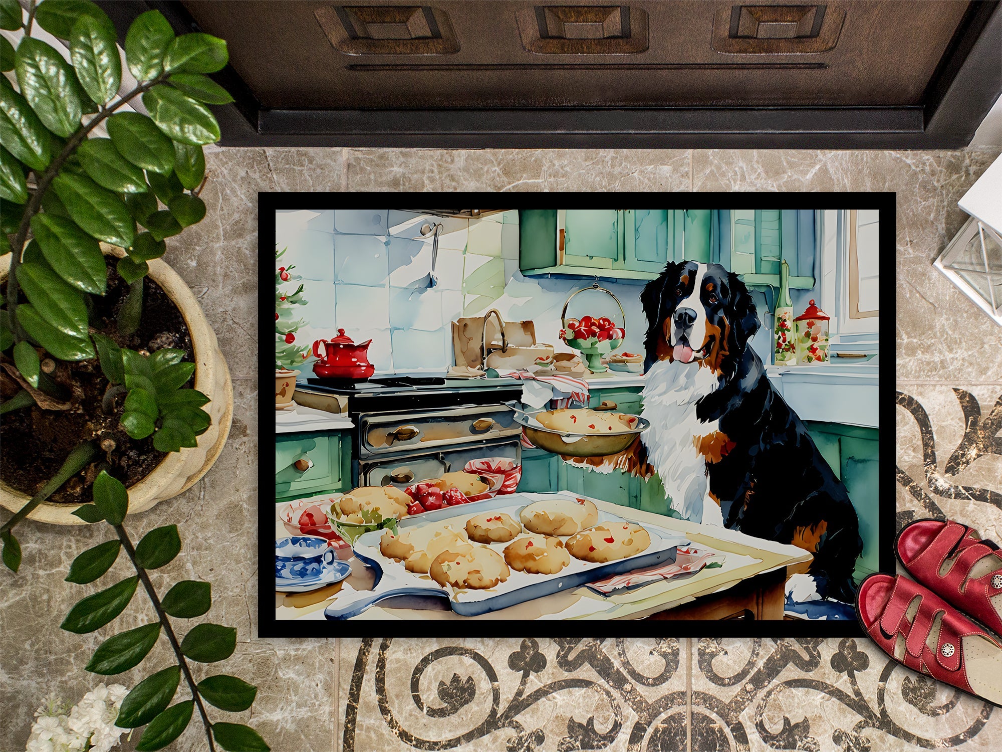 Bernese Mountain Dog Christmas Cookies Doormat Indoor Outdoor 24H X 36W Front Door Mat Rugs for Entryway, Non Slip Washable Low Pile,