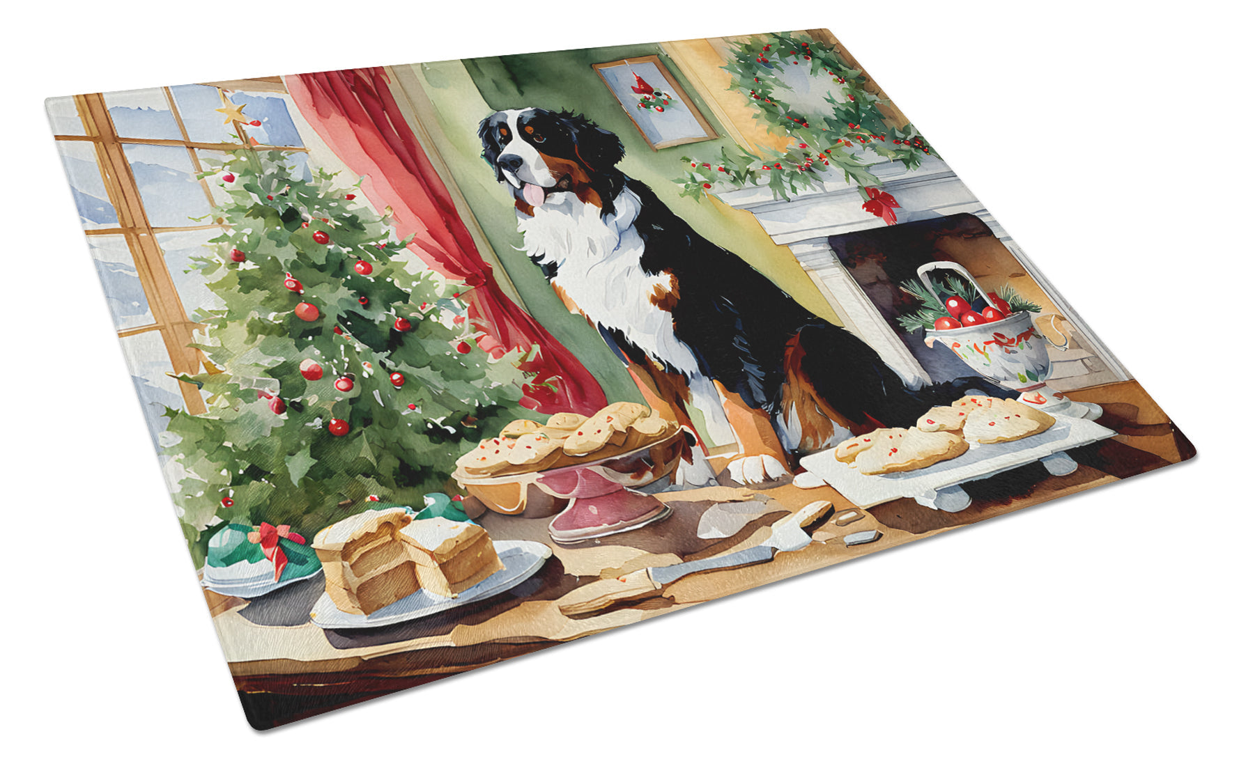 Bernese Mountain Dog Christmas Cookies Cutting Board Tempered Glass Kitchen Cutting Surface, Heat Resistant Chopping, Non-Slip Feet, Food Prep & Serving