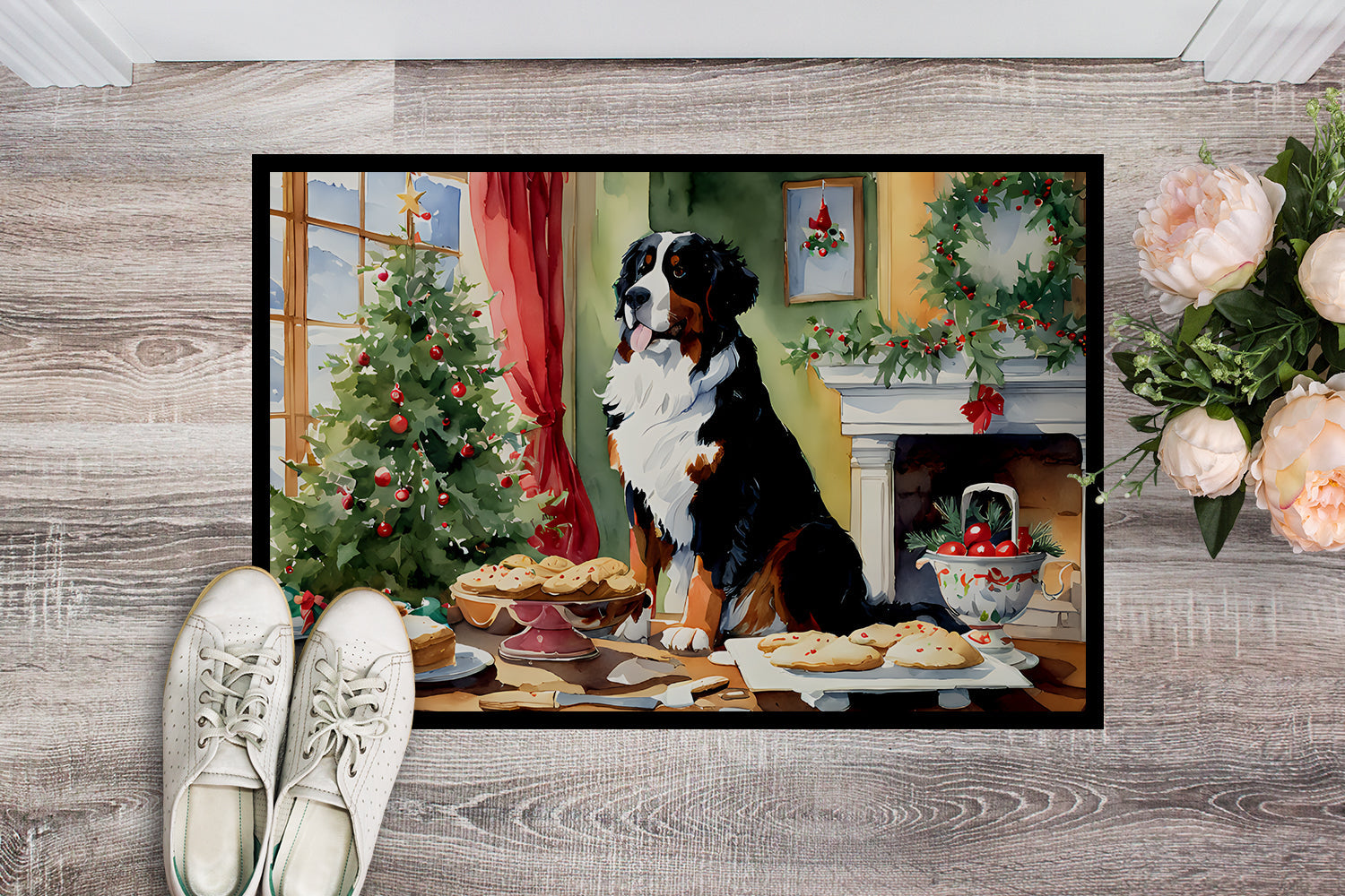Bernese Mountain Dog Christmas Cookies Doormat Indoor Outdoor 18H X 27W Front Door Mat Rugs for Entryway, Non Slip Washable