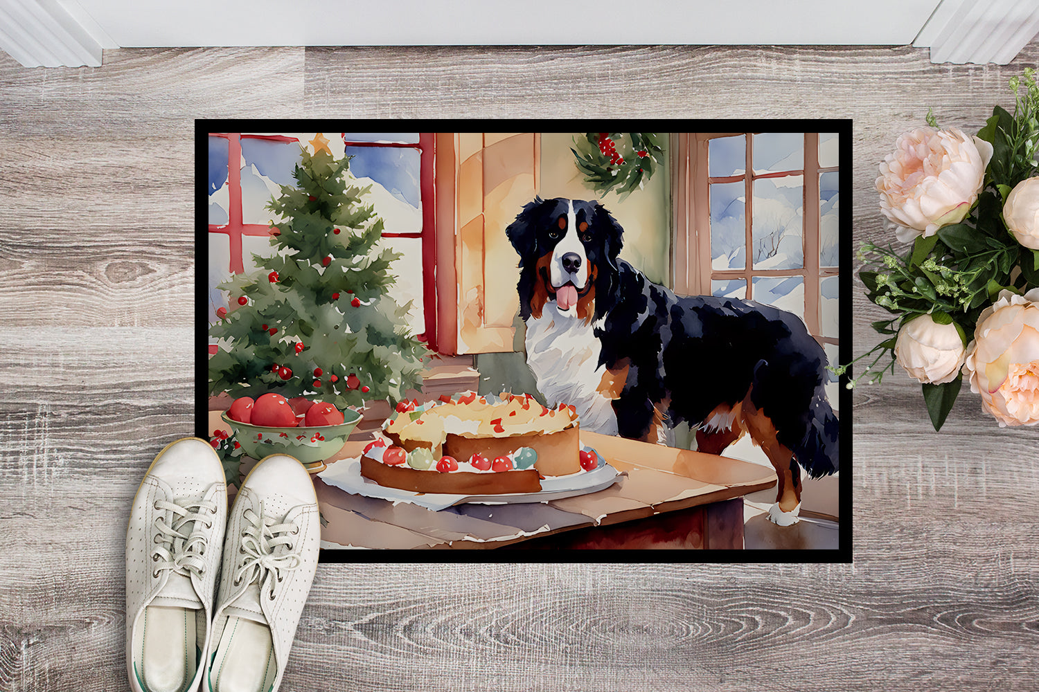 Bernese Mountain Dog Christmas Cookies Doormat Indoor Outdoor 24H X 36W Front Door Mat Rugs for Entryway, Non Slip Washable Low Pile,