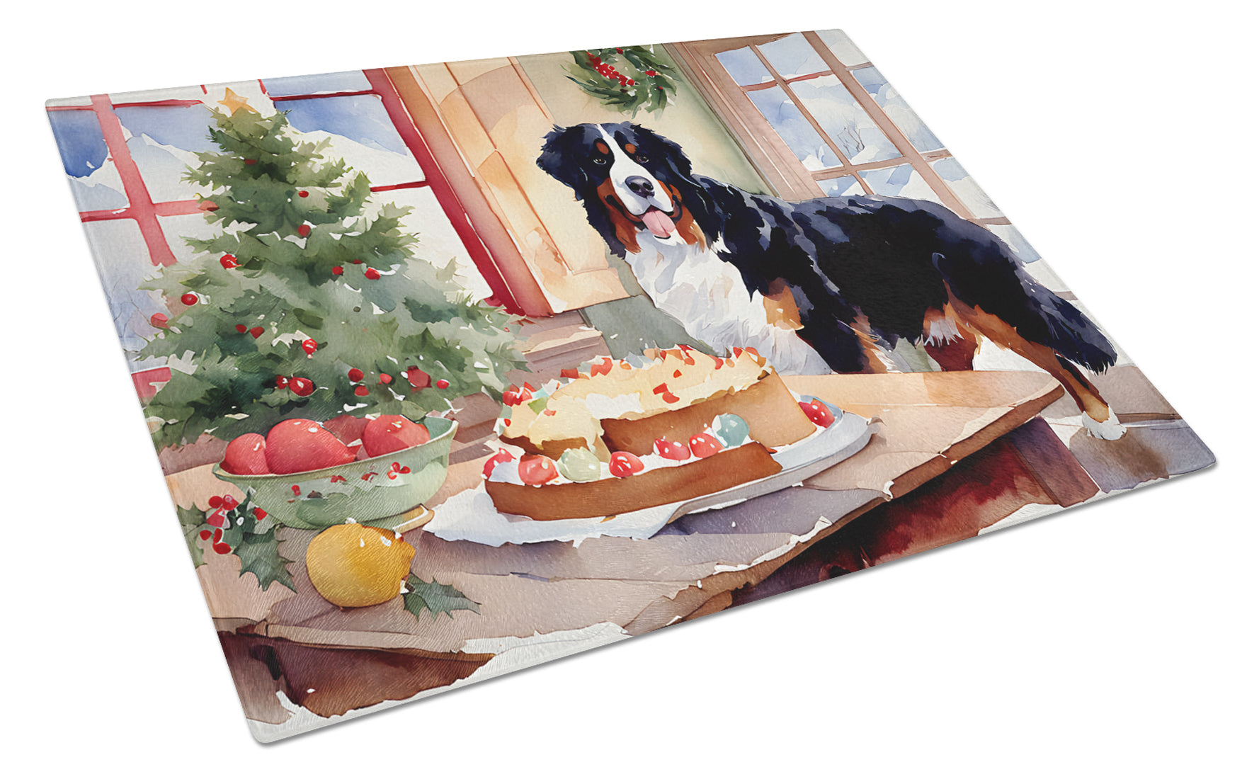 Bernese Mountain Dog Christmas Cookies Cutting Board Tempered Glass Kitchen Cutting Surface, Heat Resistant Chopping, Non-Slip Feet, Food Prep & Serving
