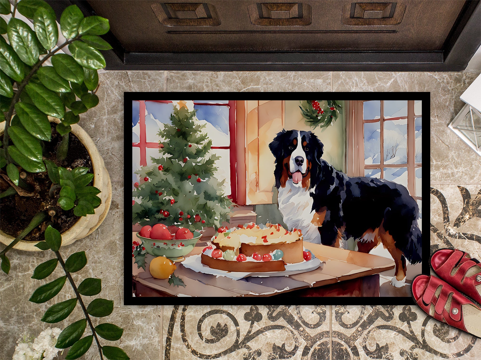 Bernese Mountain Dog Christmas Cookies Doormat Indoor Outdoor 18H X 27W Front Door Mat Rugs for Entryway, Non Slip Washable