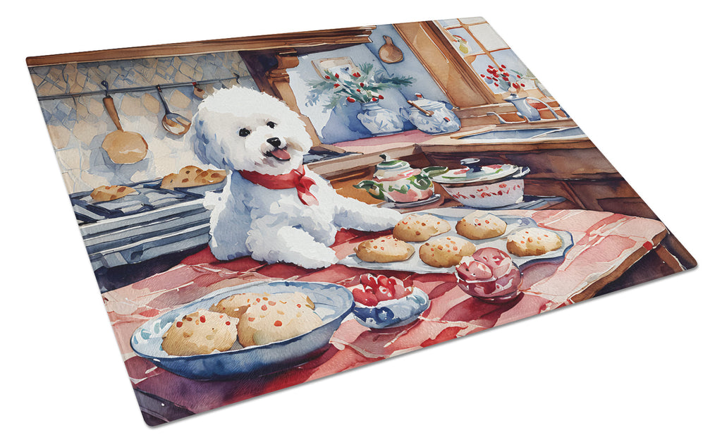 Bichon Frise Christmas Cookies Cutting Board Tempered Glass Kitchen Cutting Surface, Heat Resistant Chopping, Non-Slip Feet, Food Prep & Serving