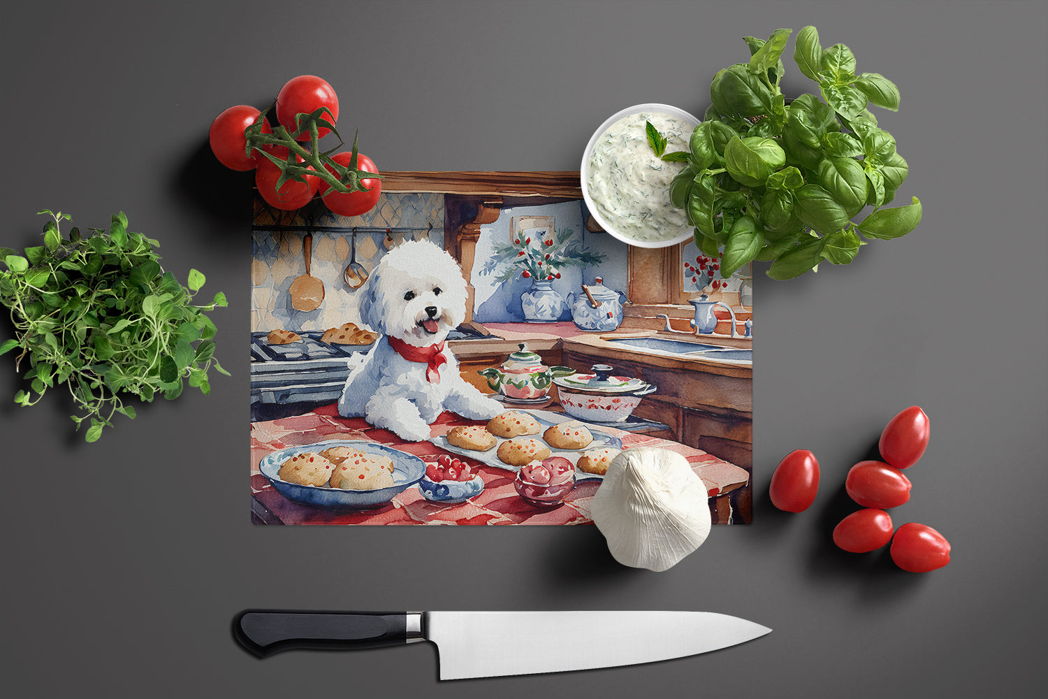 Bichon Frise Christmas Cookies Cutting Board Tempered Glass Kitchen Cutting Surface, Heat Resistant Chopping, Non-Slip Feet, Food Prep & Serving