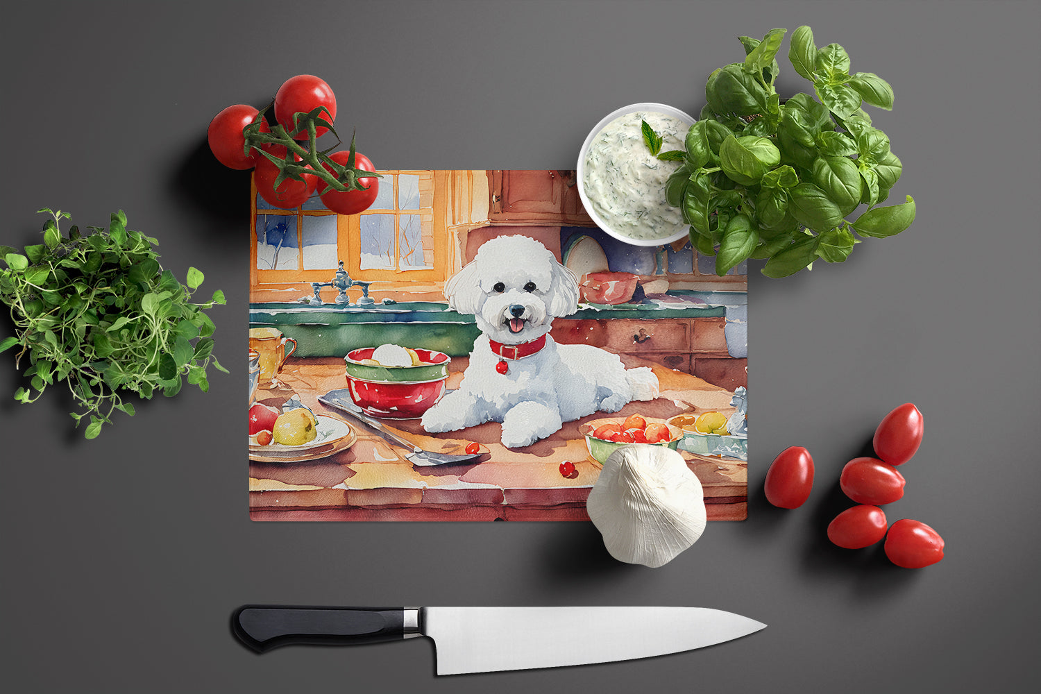 Bichon Frise Christmas Cookies Cutting Board Tempered Glass Kitchen Cutting Surface, Heat Resistant Chopping, Non-Slip Feet, Food Prep & Serving