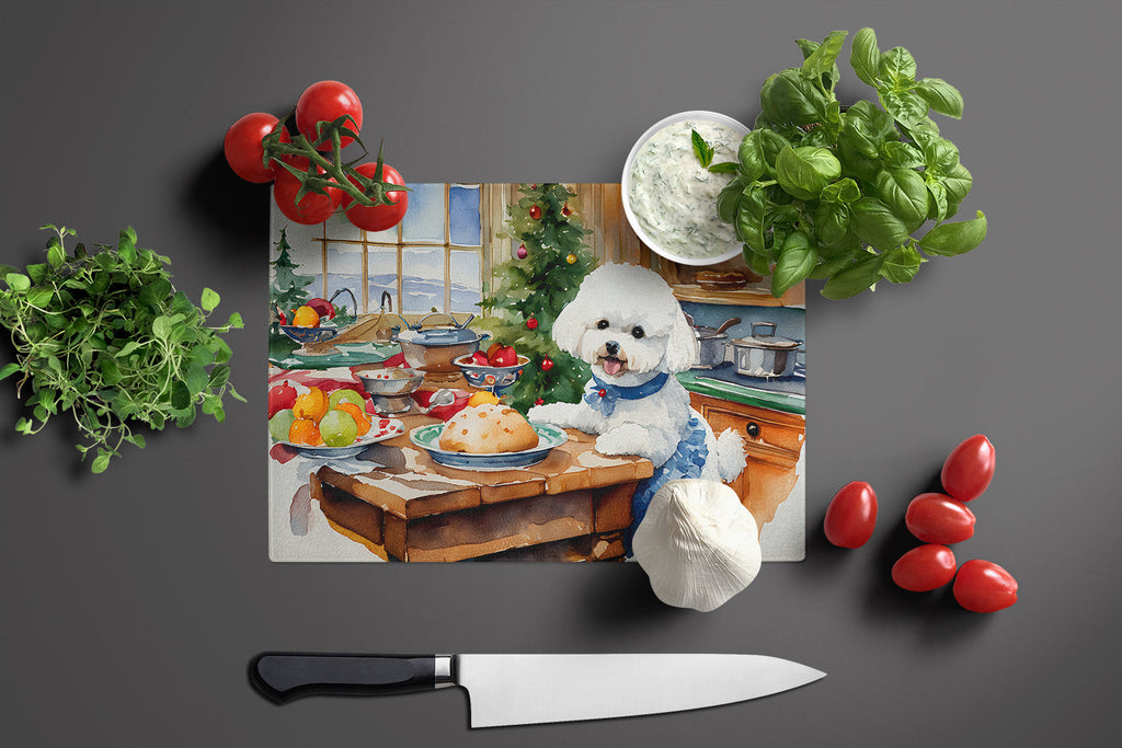 Bichon Frise Christmas Cookies Cutting Board Tempered Glass Kitchen Cutting Surface, Heat Resistant Chopping, Non-Slip Feet, Food Prep & Serving