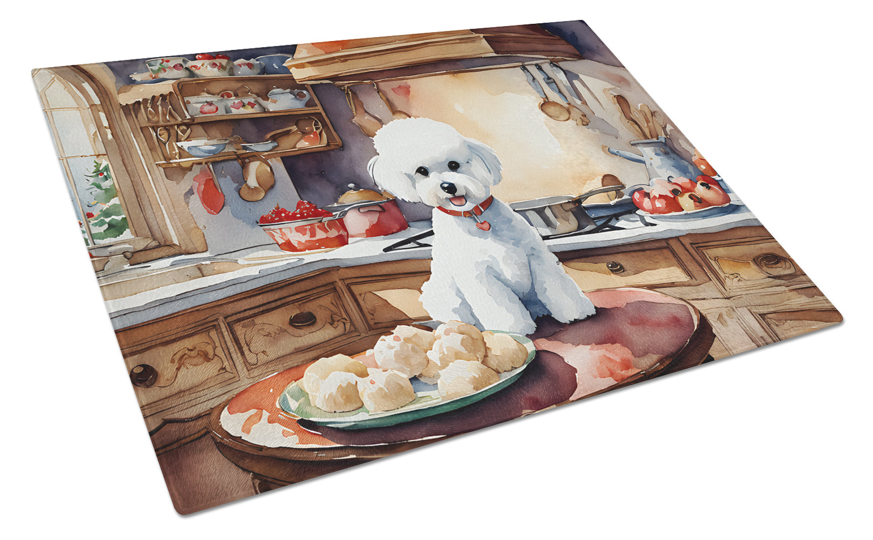 Bichon Frise Christmas Cookies Cutting Board Tempered Glass Kitchen Cutting Surface, Heat Resistant Chopping, Non-Slip Feet, Food Prep & Serving