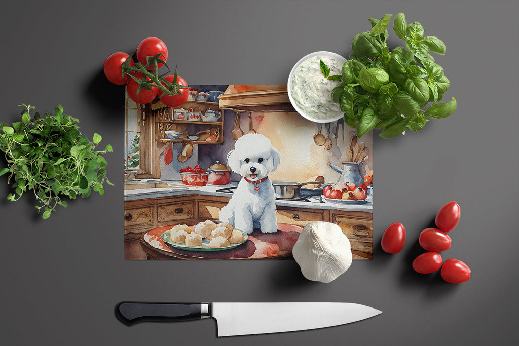 Bichon Frise Christmas Cookies Cutting Board Tempered Glass Kitchen Cutting Surface, Heat Resistant Chopping, Non-Slip Feet, Food Prep & Serving
