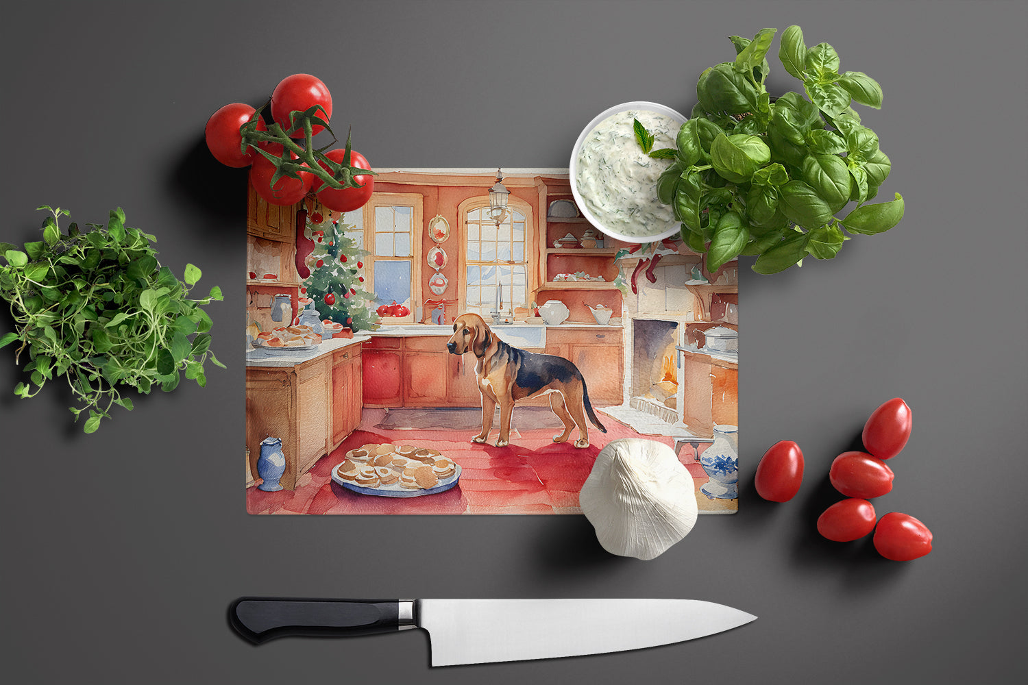 Bloodhound Christmas Cookies Cutting Board Tempered Glass Kitchen Cutting Surface, Heat Resistant Chopping, Non-Slip Feet, Food Prep & Serving
