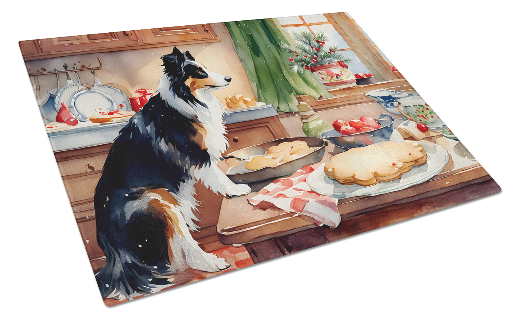 Border Collie Christmas Cookies Cutting Board Tempered Glass Kitchen Cutting Surface, Heat Resistant Chopping, Non-Slip Feet, Food Prep & Serving