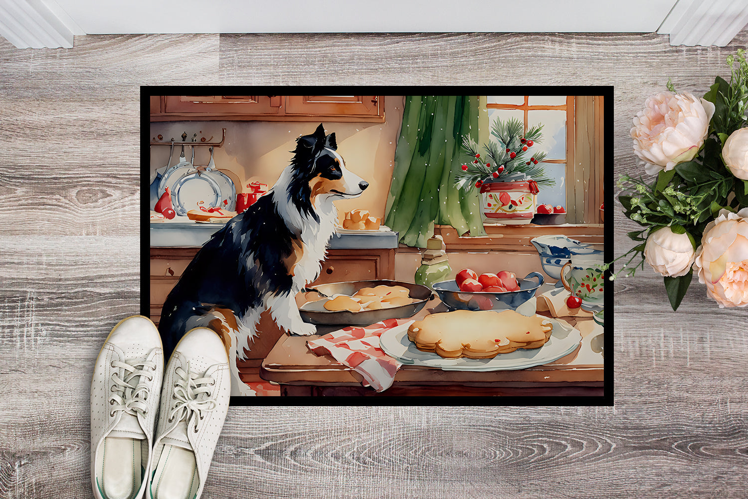 Border Collie Christmas Cookies Doormat Indoor Outdoor 18H X 27W Front Door Mat Rugs for Entryway, Non Slip Washable