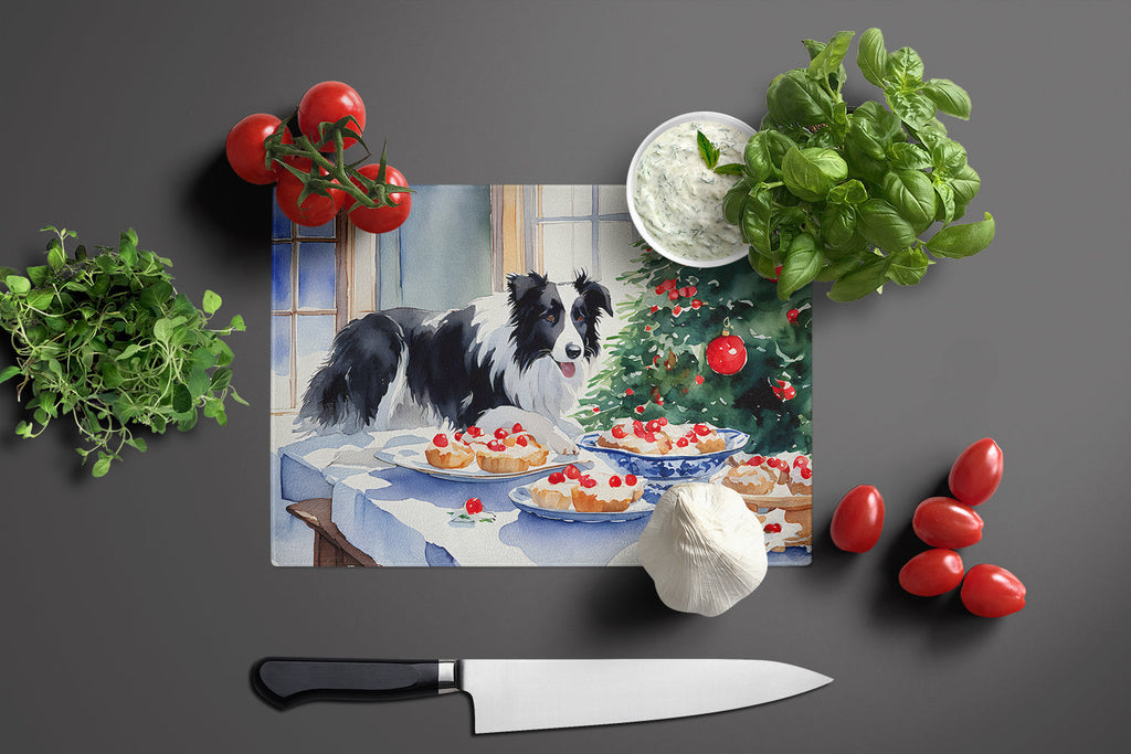 Border Collie Christmas Cookies Cutting Board Tempered Glass Kitchen Cutting Surface, Heat Resistant Chopping, Non-Slip Feet, Food Prep & Serving