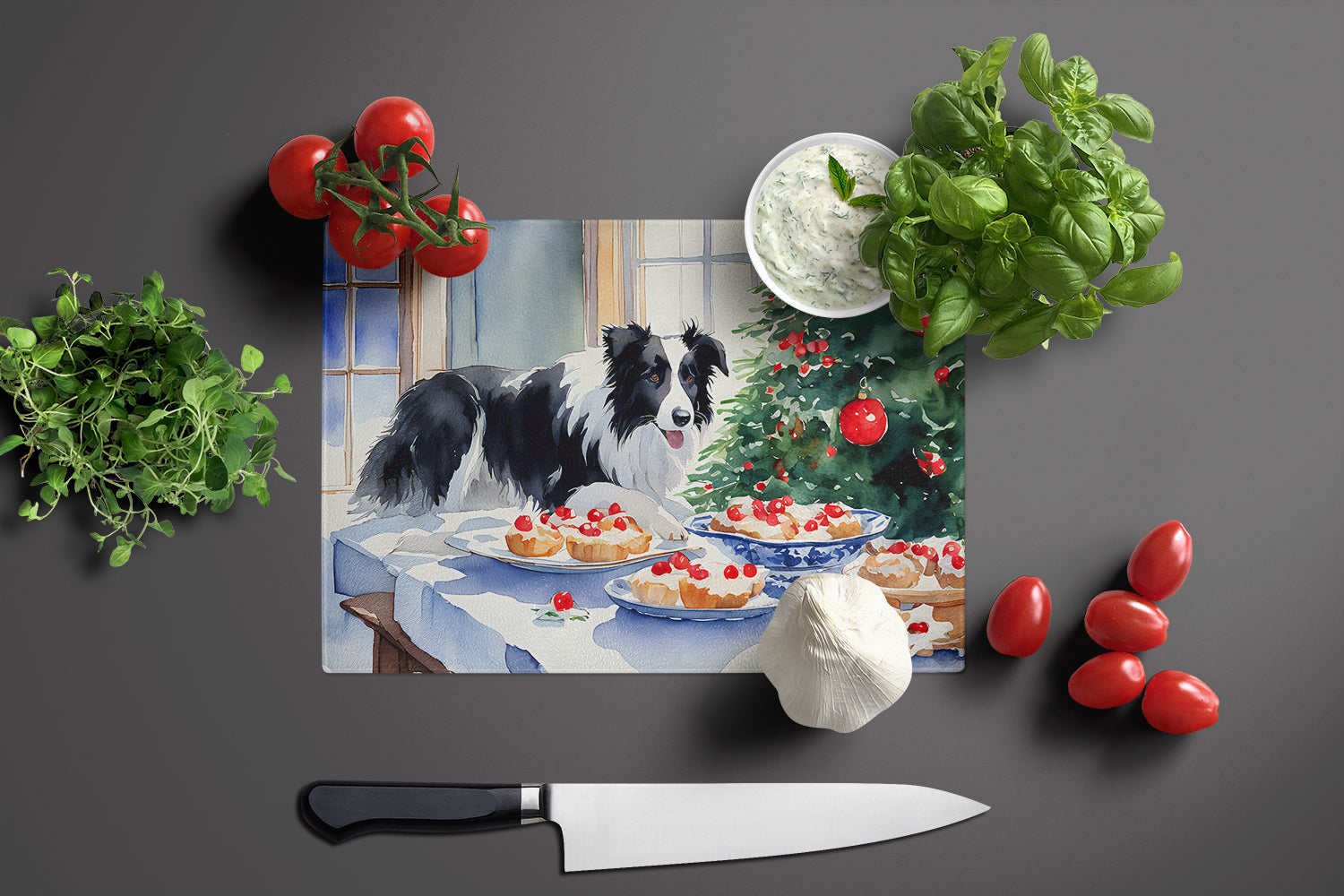 Border Collie Christmas Cookies Cutting Board Tempered Glass Kitchen Cutting Surface, Heat Resistant Chopping, Non-Slip Feet, Food Prep & Serving