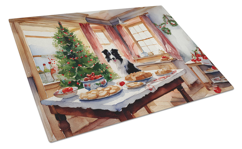Border Collie Christmas Cookies Cutting Board Tempered Glass Kitchen Cutting Surface, Heat Resistant Chopping, Non-Slip Feet, Food Prep & Serving