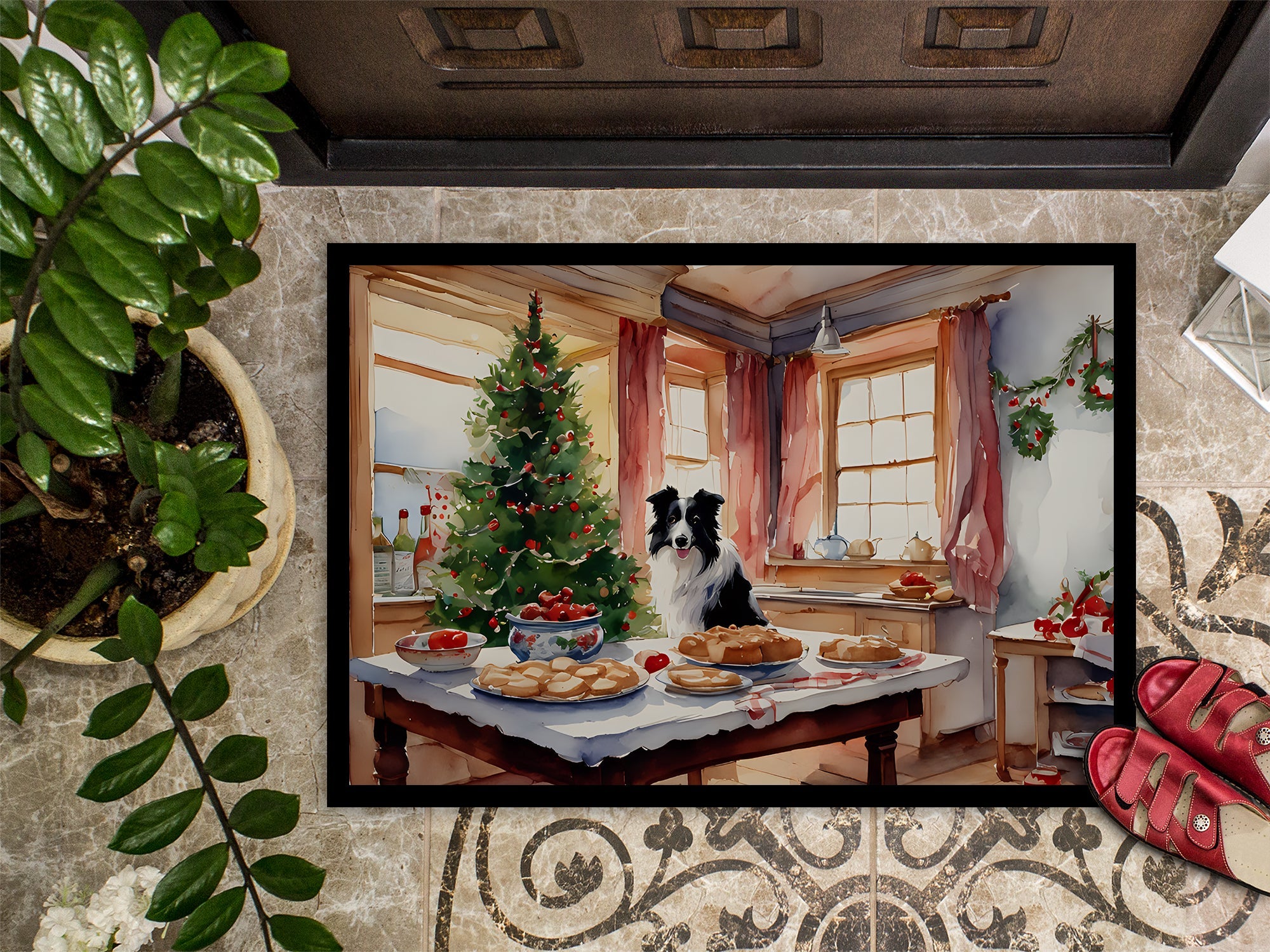 Border Collie Christmas Cookies Doormat Indoor Outdoor 18H X 27W Front Door Mat Rugs for Entryway, Non Slip Washable