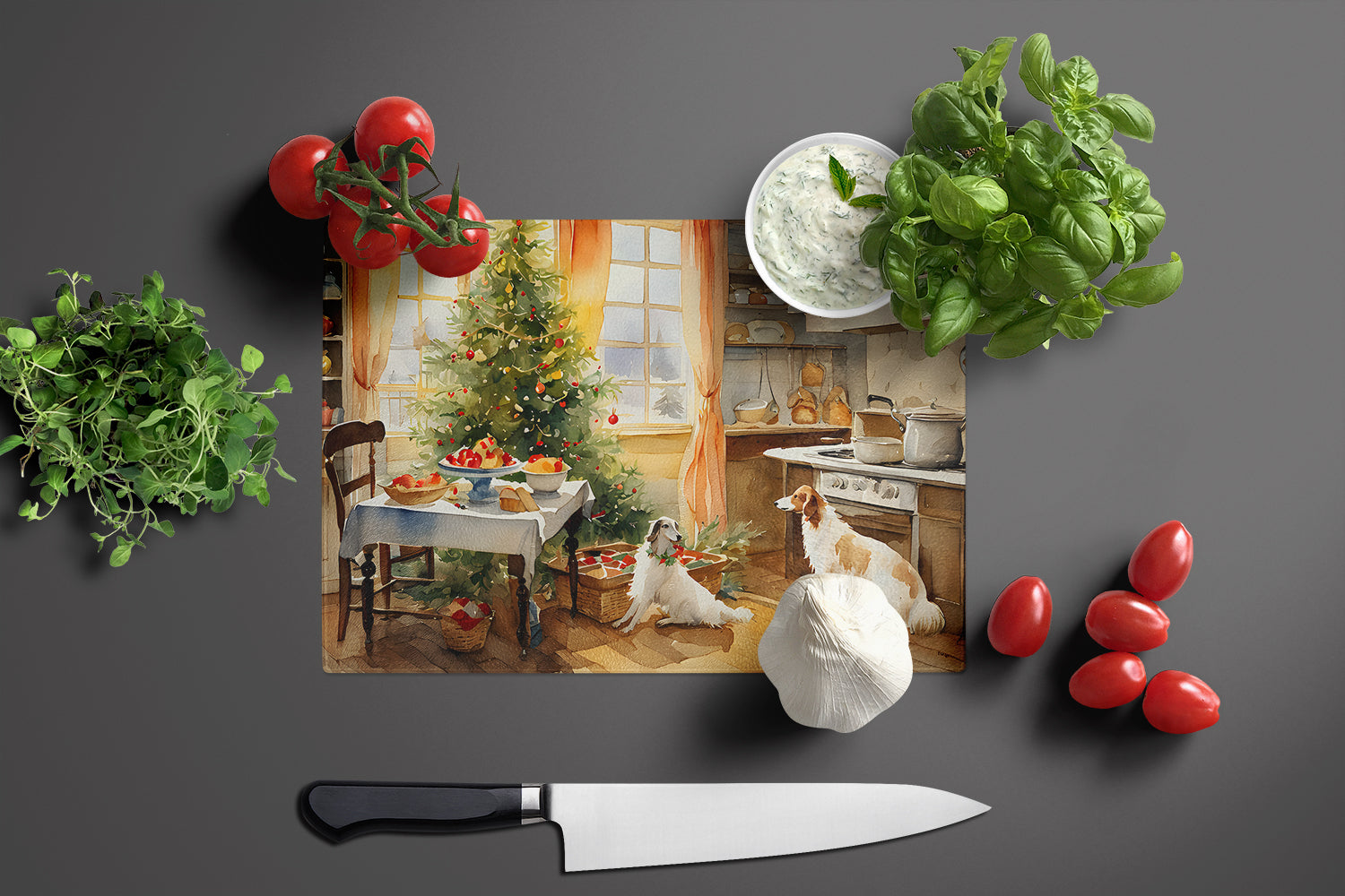 Borzoi Christmas Cookies Cutting Board Tempered Glass Kitchen Cutting Surface, Heat Resistant Chopping, Non-Slip Feet, Food Prep & Serving