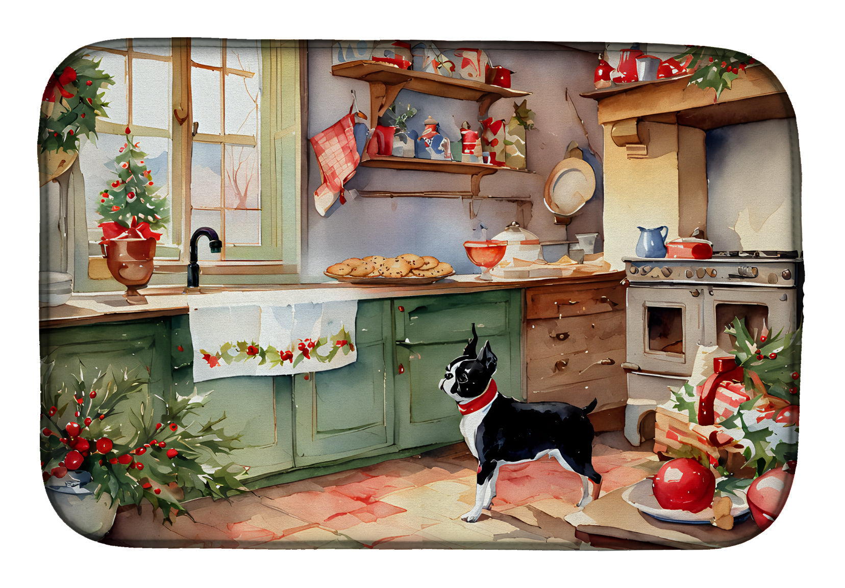 Boston Terrier Christmas Cookies Dish Drying Mat Absorbent Dish Drying Mat Pad for Kitchen Counter Dish Drainer Mat for Countertop, 14 x 21", Multicolor