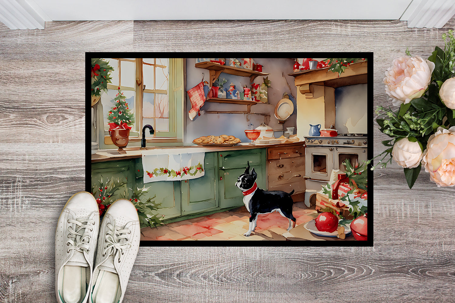 Boston Terrier Christmas Cookies Doormat Indoor Outdoor 24H X 36W Front Door Mat Rugs for Entryway, Non Slip Washable Low Pile,