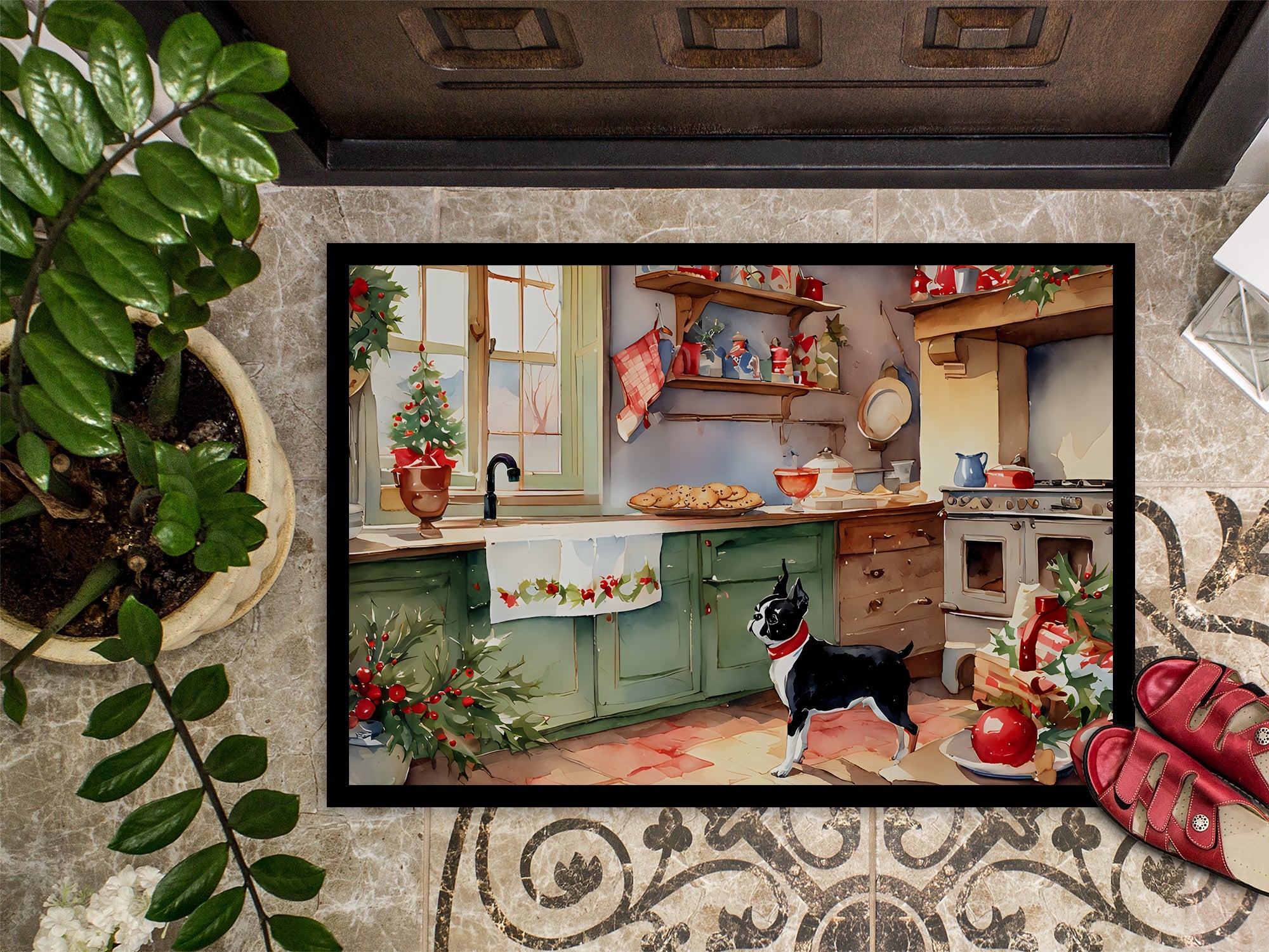 Boston Terrier Christmas Cookies Doormat Indoor Outdoor 24H X 36W Front Door Mat Rugs for Entryway, Non Slip Washable Low Pile,