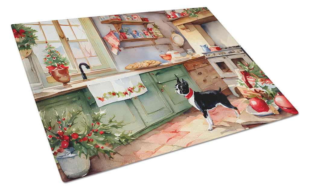 Boston Terrier Christmas Cookies Cutting Board Tempered Glass Kitchen Cutting Surface, Heat Resistant Chopping, Non-Slip Feet, Food Prep & Serving