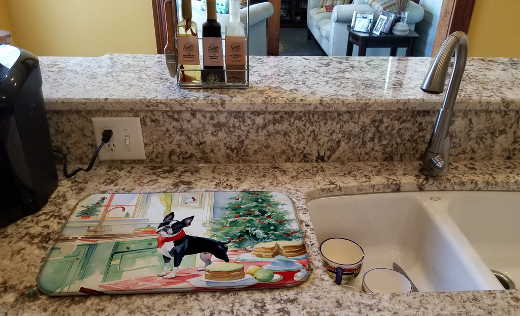Boston Terrier Christmas Cookies Dish Drying Mat Absorbent Dish Drying Mat Pad for Kitchen Counter Dish Drainer Mat for Countertop, 14 x 21", Multicolor