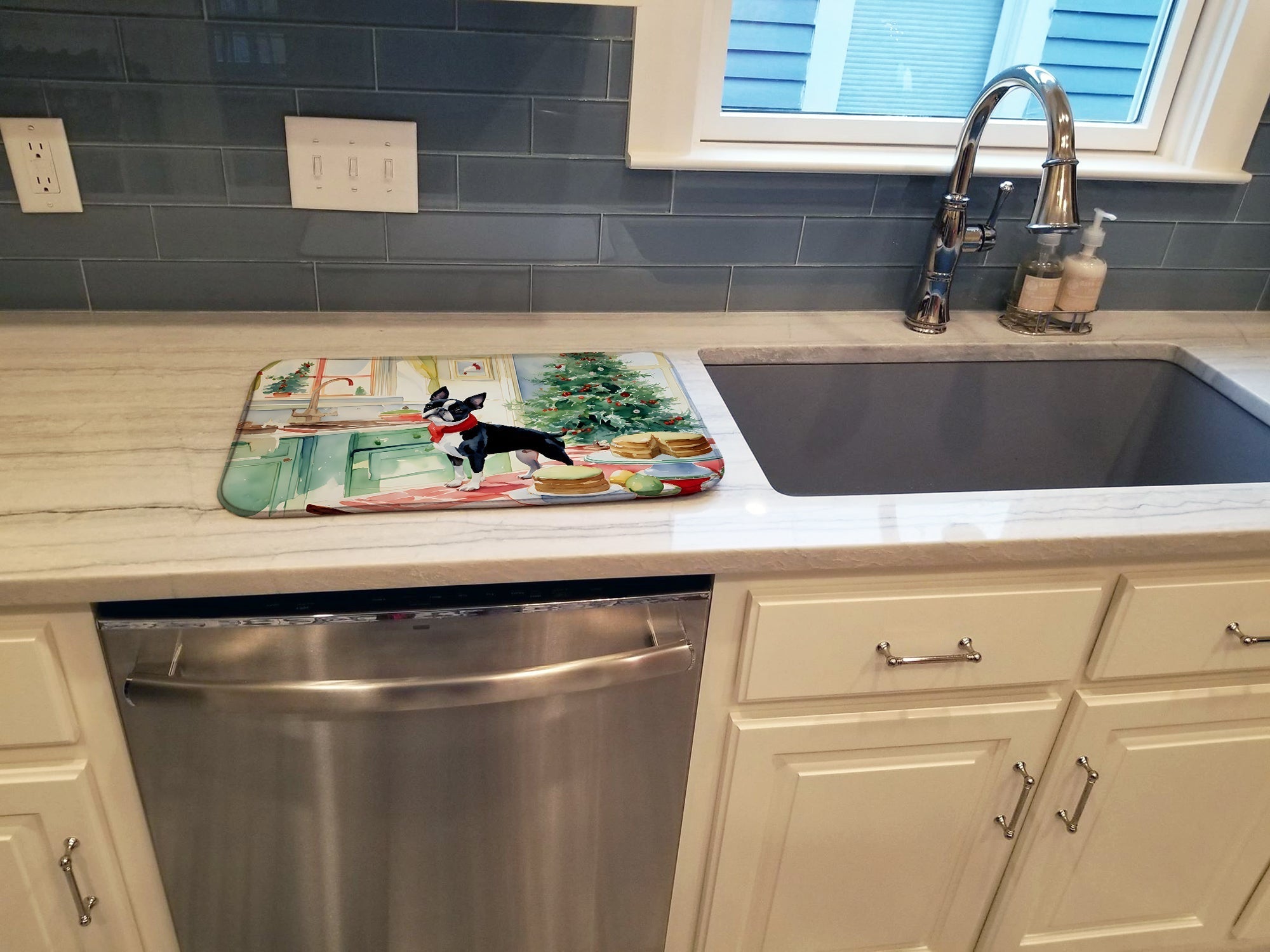 Boston Terrier Christmas Cookies Dish Drying Mat Absorbent Dish Drying Mat Pad for Kitchen Counter Dish Drainer Mat for Countertop, 14 x 21", Multicolor