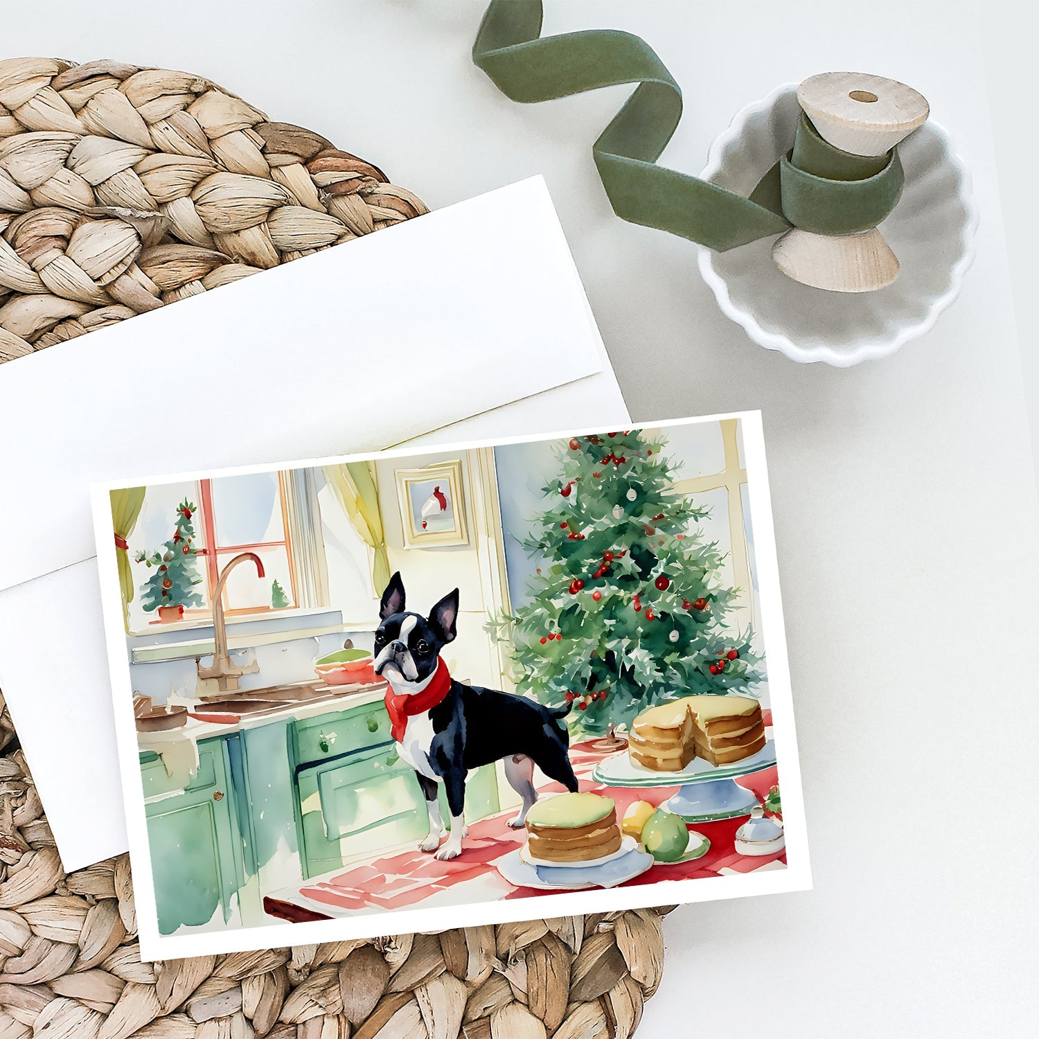 Boston Terrier Christmas Cookies Greeting Cards Pack of 8 Blank Cards with Envelopes Whimsical A7 Size 5x7