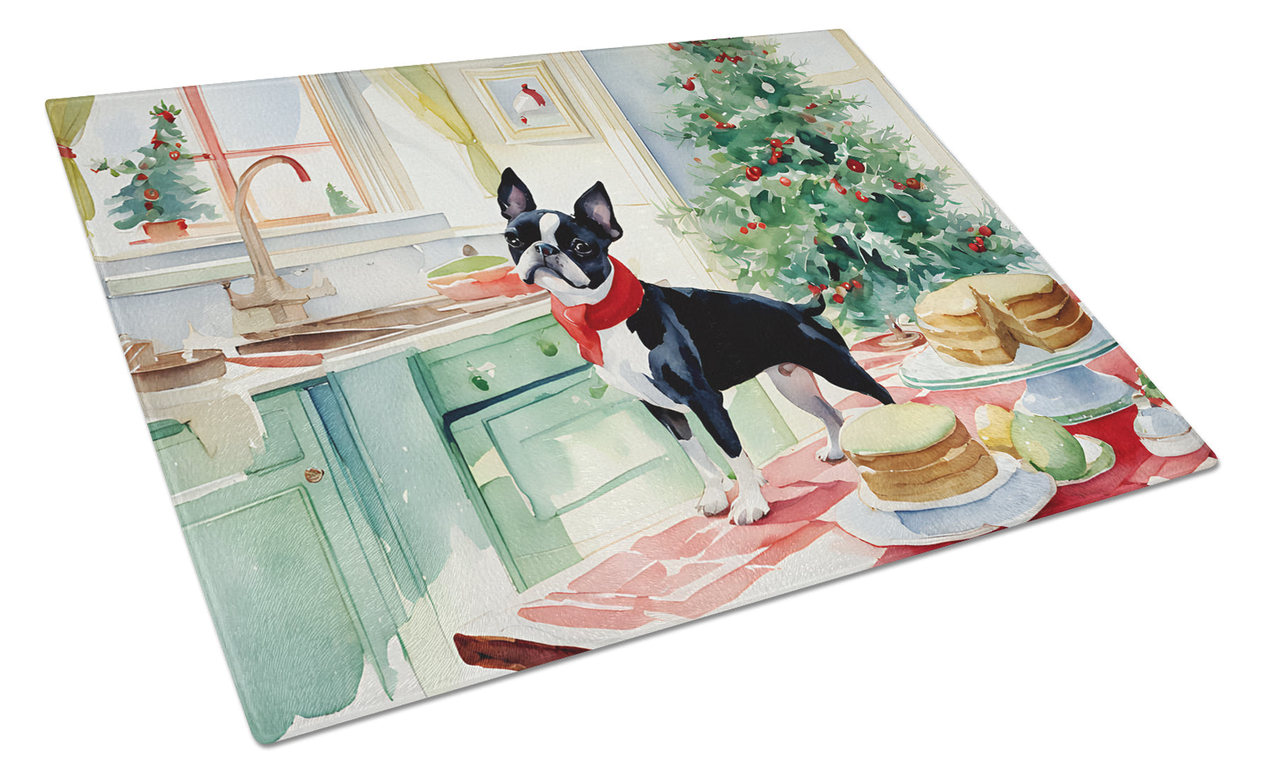 Boston Terrier Christmas Cookies Cutting Board Tempered Glass Kitchen Cutting Surface, Heat Resistant Chopping, Non-Slip Feet, Food Prep & Serving