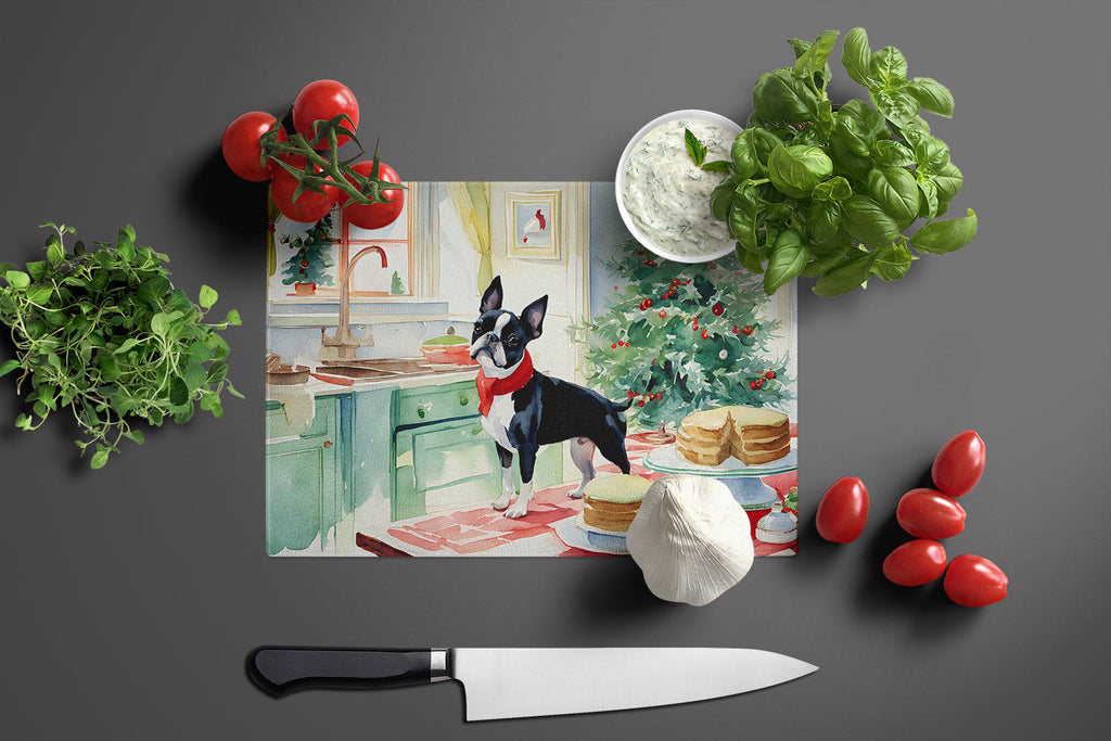 Boston Terrier Christmas Cookies Cutting Board Tempered Glass Kitchen Cutting Surface, Heat Resistant Chopping, Non-Slip Feet, Food Prep & Serving