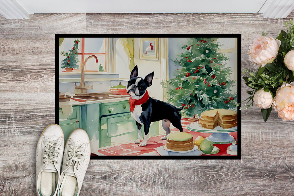 Boston Terrier Christmas Cookies Doormat Indoor Outdoor 18H X 27W Front Door Mat Rugs for Entryway, Non Slip Washable