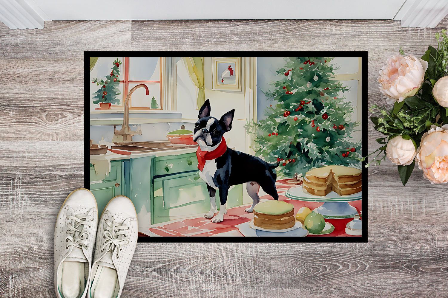 Boston Terrier Christmas Cookies Doormat Indoor Outdoor 18H X 27W Front Door Mat Rugs for Entryway, Non Slip Washable