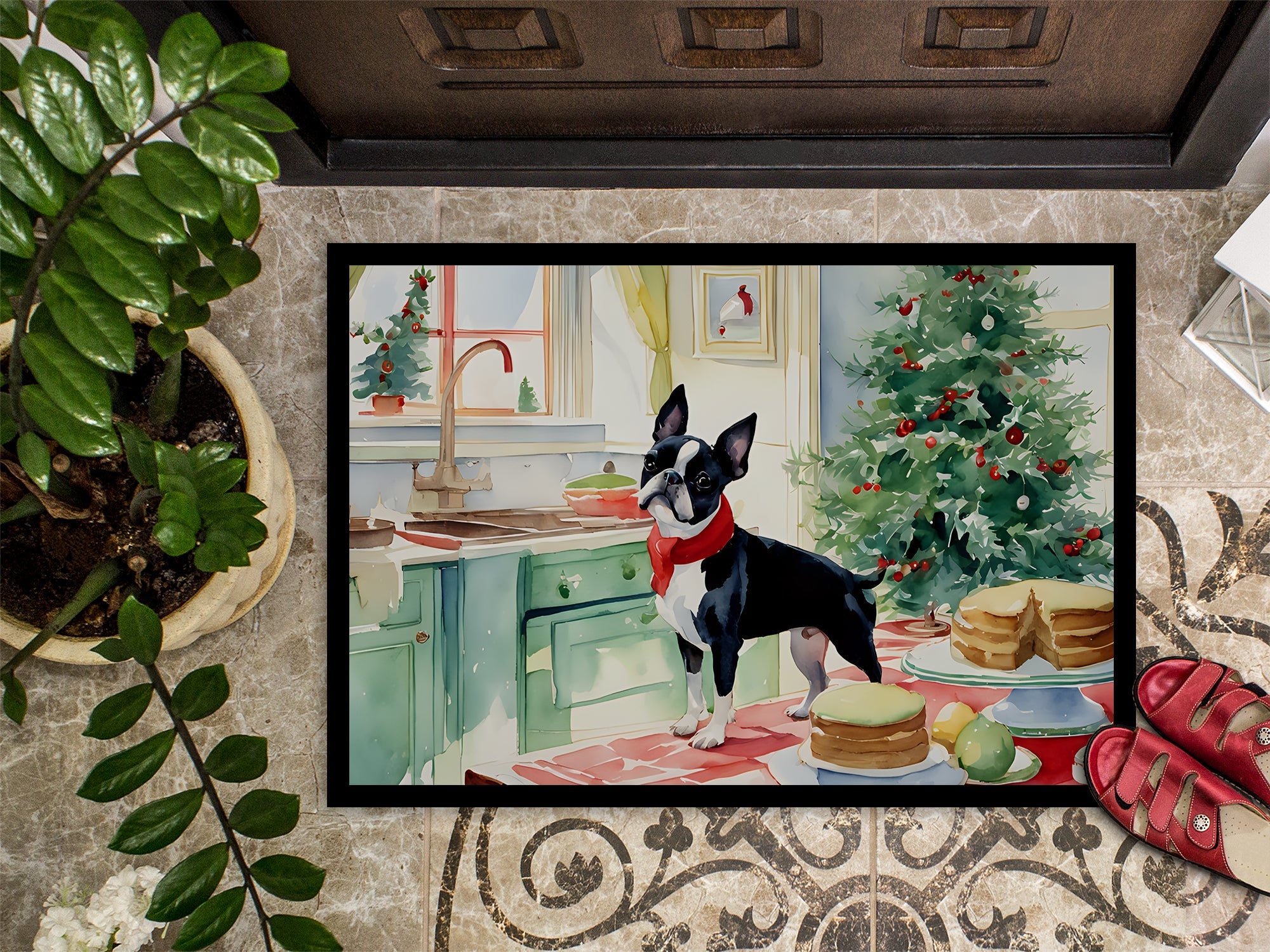 Boston Terrier Christmas Cookies Doormat Indoor Outdoor 18H X 27W Front Door Mat Rugs for Entryway, Non Slip Washable