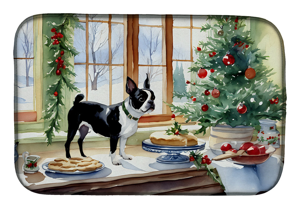 Boston Terrier Christmas Cookies Dish Drying Mat Absorbent Dish Drying Mat Pad for Kitchen Counter Dish Drainer Mat for Countertop, 14 x 21", Multicolor