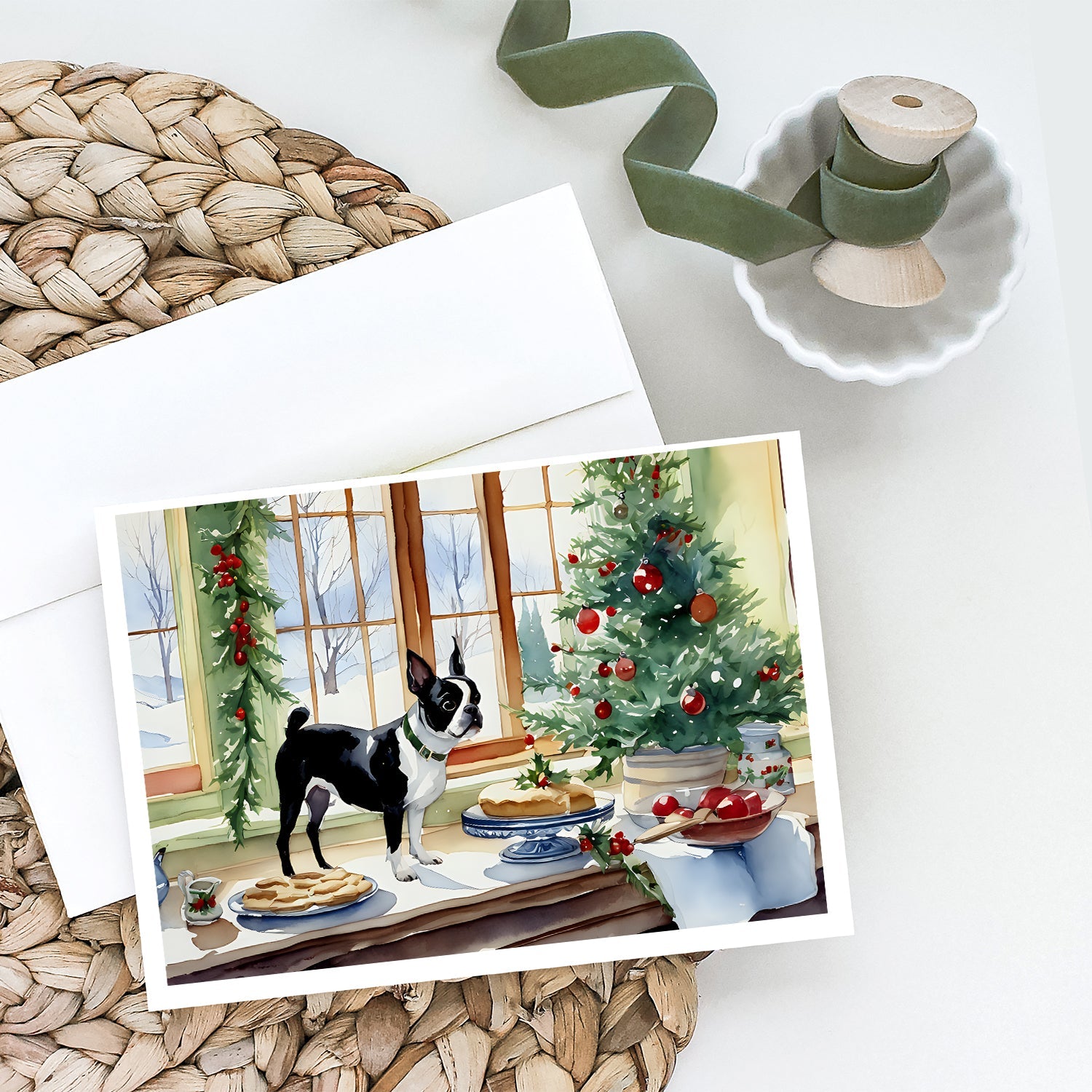 Boston Terrier Christmas Cookies Greeting Cards Pack of 8 Blank Cards with Envelopes Whimsical A7 Size 5x7