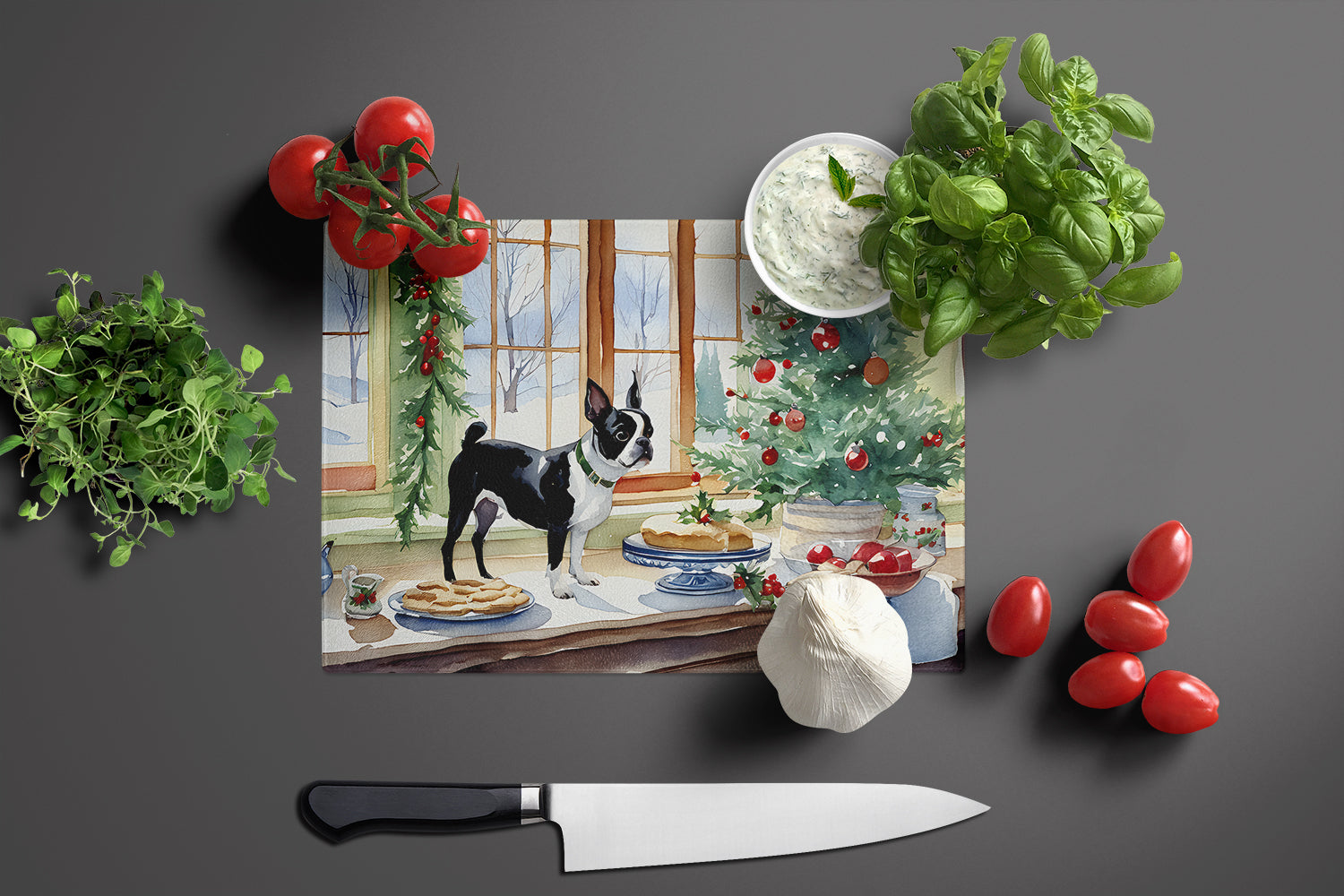 Boston Terrier Christmas Cookies Cutting Board Tempered Glass Kitchen Cutting Surface, Heat Resistant Chopping, Non-Slip Feet, Food Prep & Serving