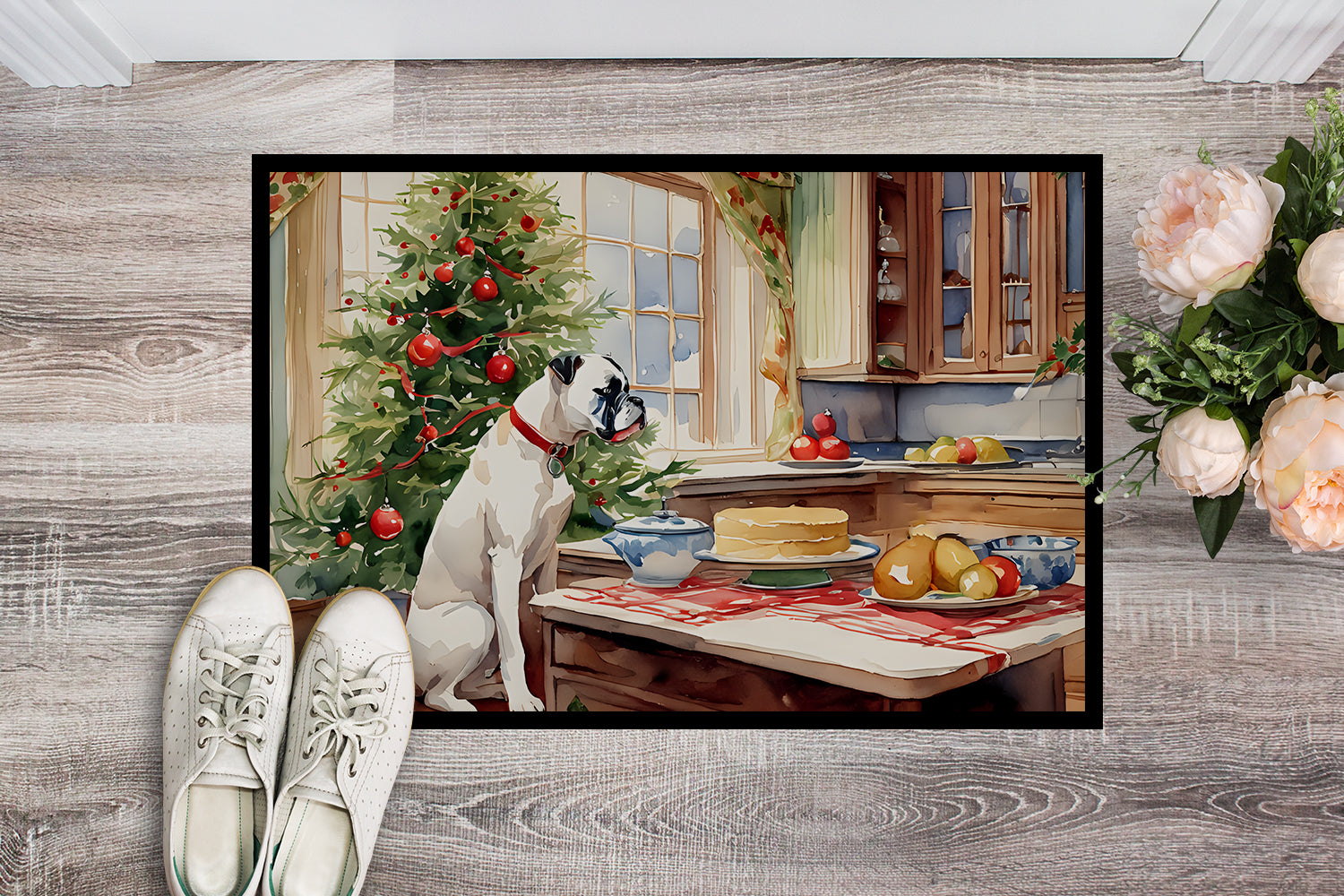White Boxer Christmas Cookies Doormat Indoor Outdoor 24H X 36W Front Door Mat Rugs for Entryway, Non Slip Washable Low Pile,
