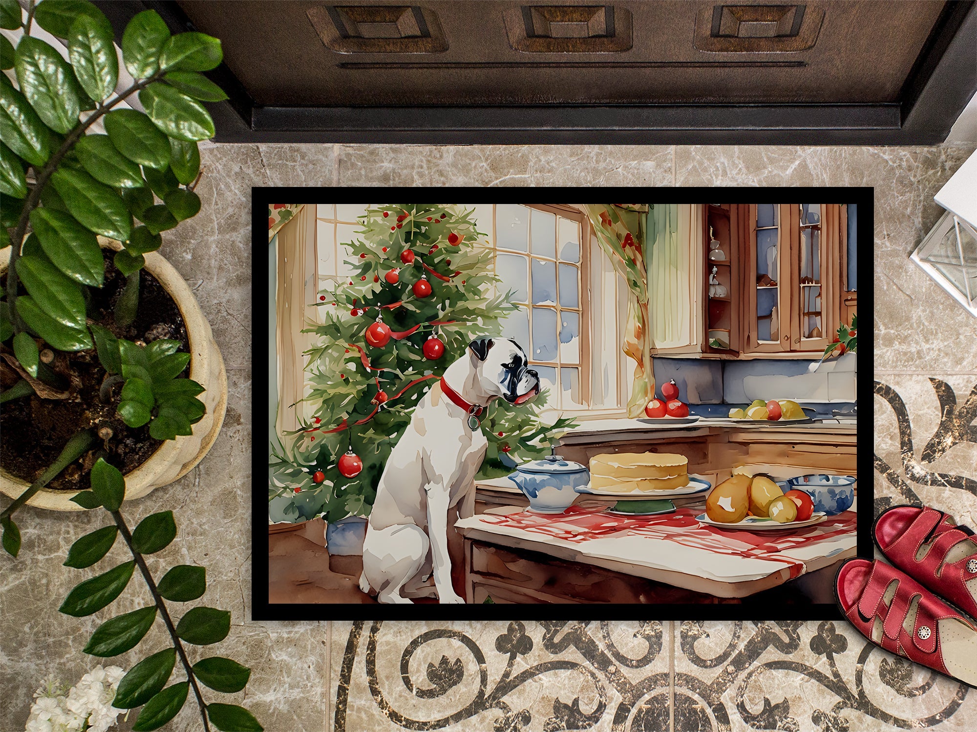 White Boxer Christmas Cookies Doormat Indoor Outdoor 24H X 36W Front Door Mat Rugs for Entryway, Non Slip Washable Low Pile,