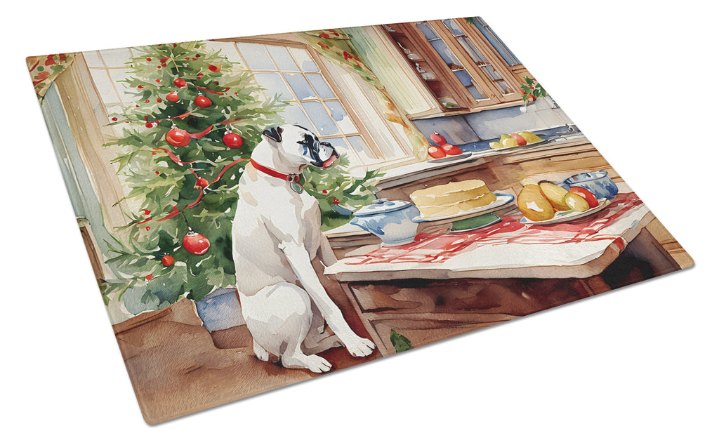 White Boxer Christmas Cookies Cutting Board Tempered Glass Kitchen Cutting Surface, Heat Resistant Chopping, Non-Slip Feet, Food Prep & Serving