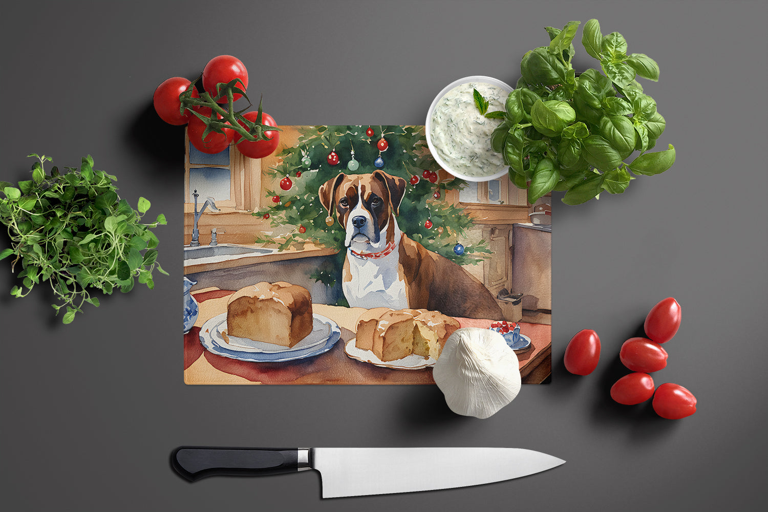 Boxer Christmas Cookies Cutting Board Tempered Glass Kitchen Cutting Surface, Heat Resistant Chopping, Non-Slip Feet, Food Prep & Serving