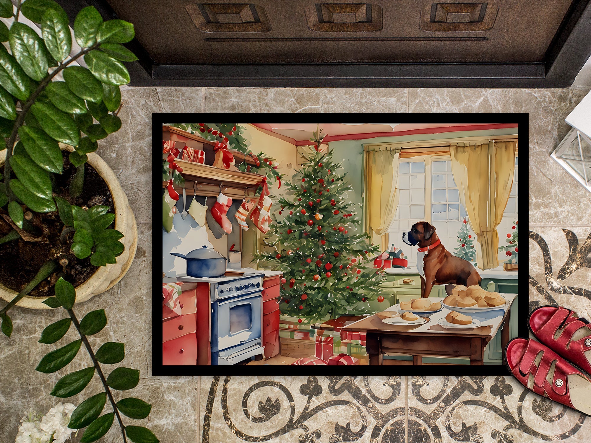 Boxer Christmas Cookies Doormat Indoor Outdoor 18H X 27W Front Door Mat Rugs for Entryway, Non Slip Washable