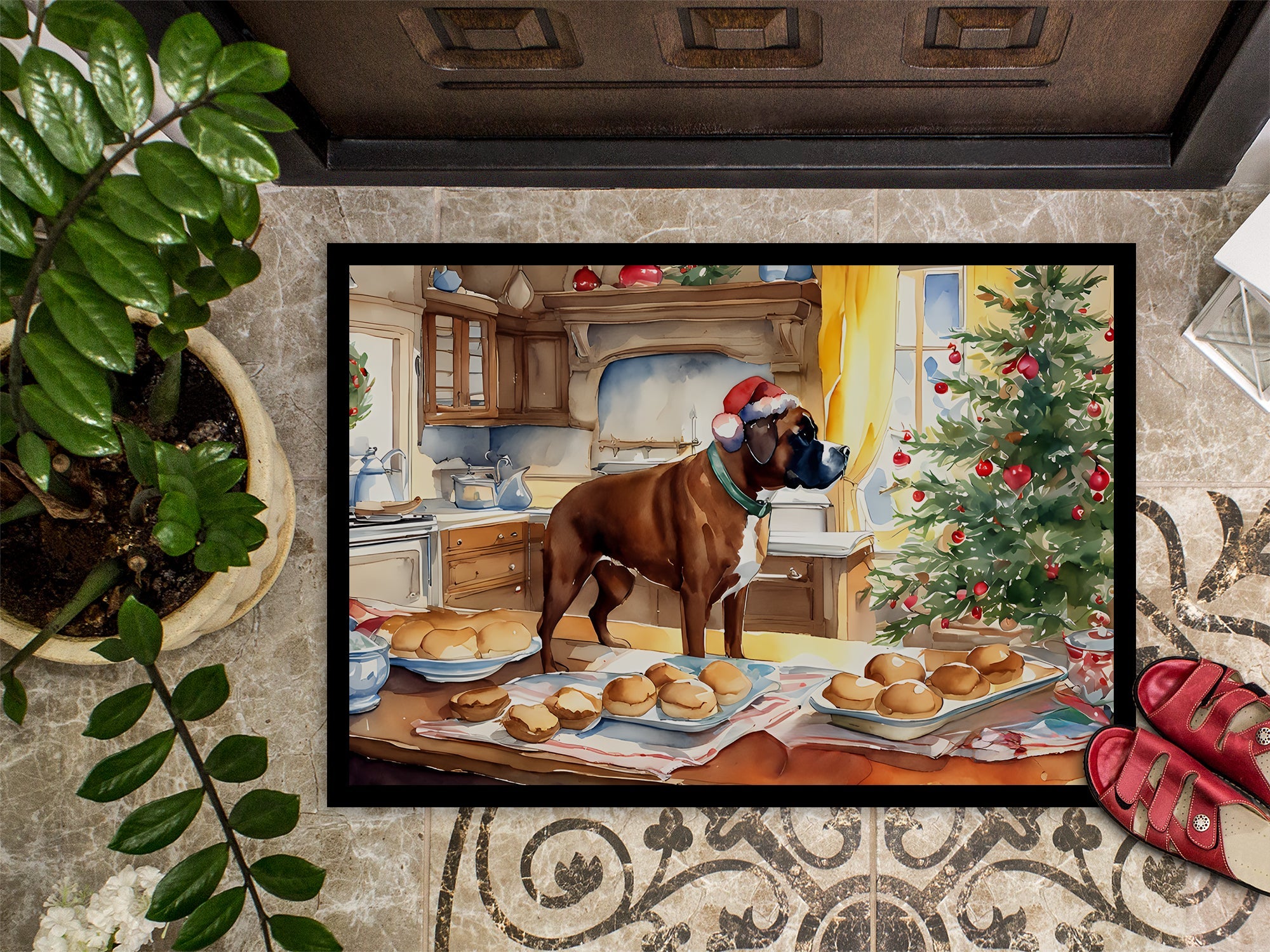 Boxer Christmas Cookies Doormat Indoor Outdoor 18H X 27W Front Door Mat Rugs for Entryway, Non Slip Washable