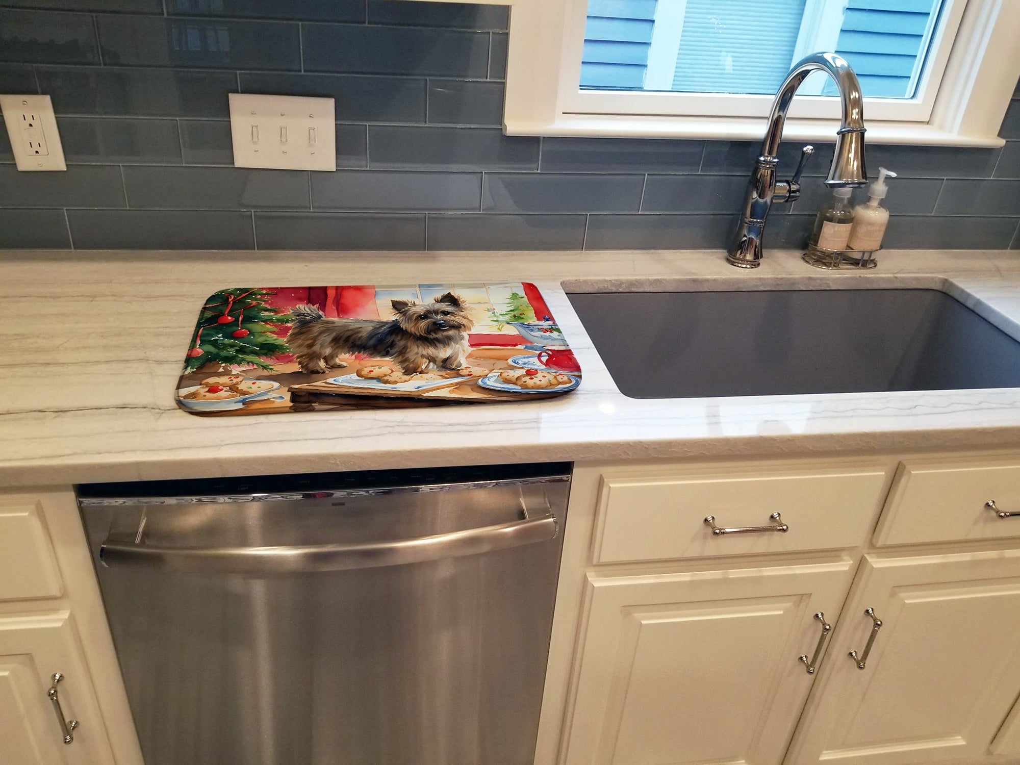 Cairn Terrier Christmas Cookies Dish Drying Mat Absorbent Dish Drying Mat Pad for Kitchen Counter Dish Drainer Mat for Countertop, 14 x 21", Multicolor